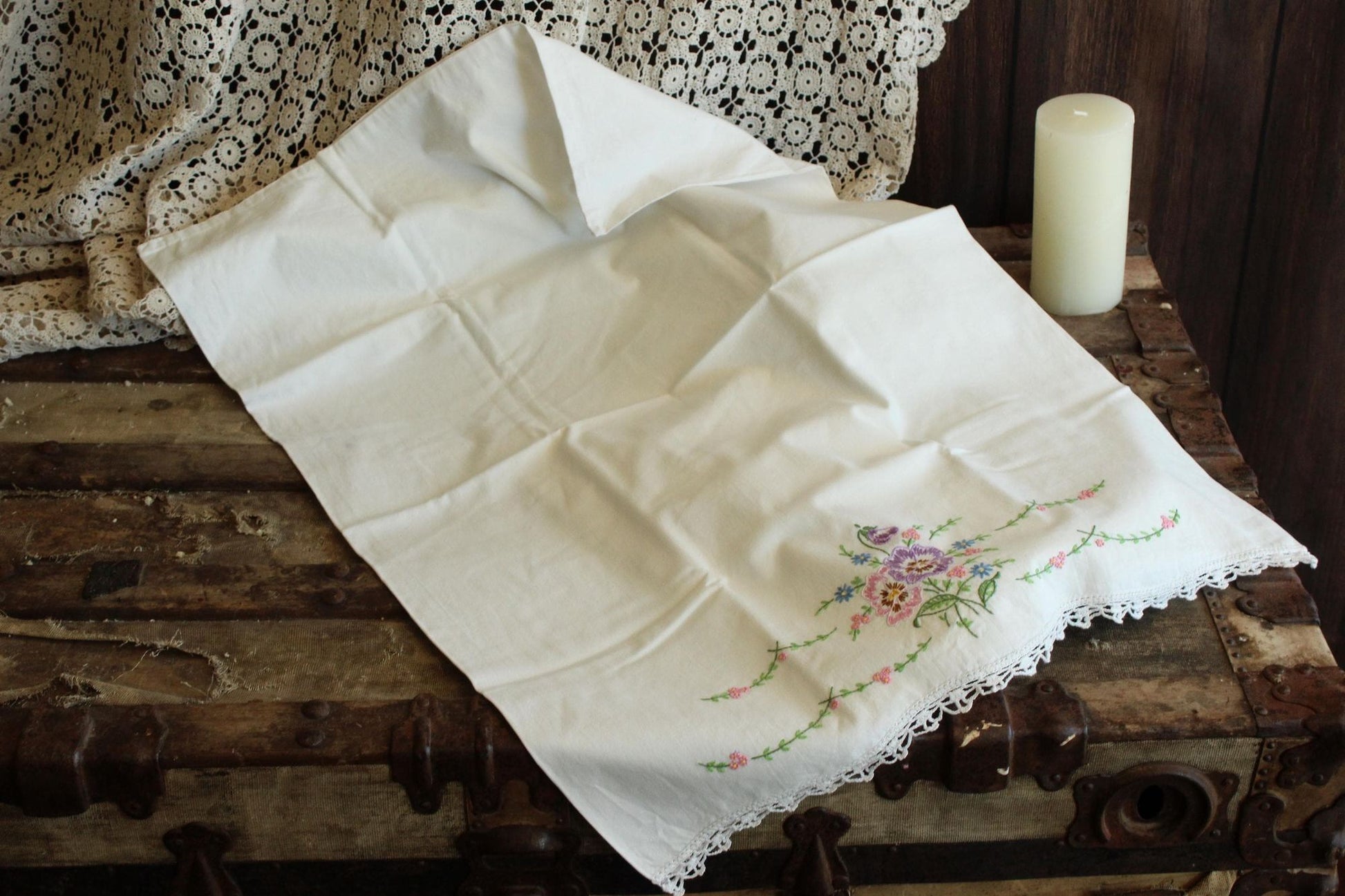 Vintage 1960s Pillowcases with Embroidered Pansy Flowers