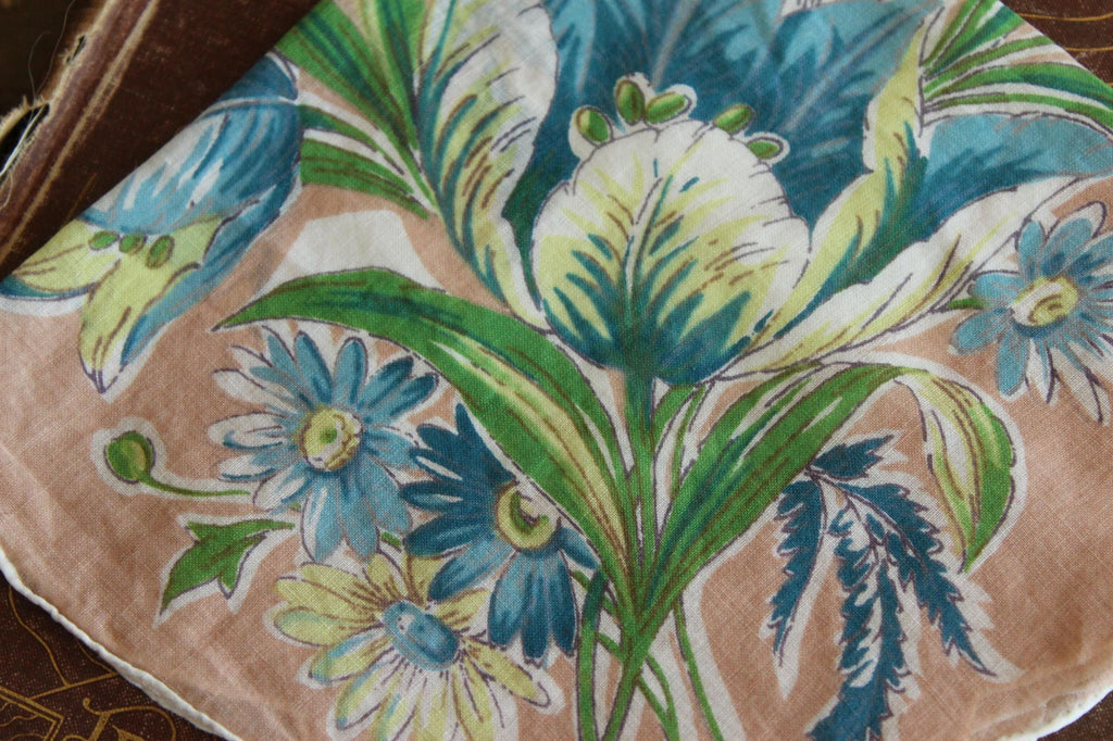 Vintage 1950s Blue Tulip Flower Print Cotton Hankie