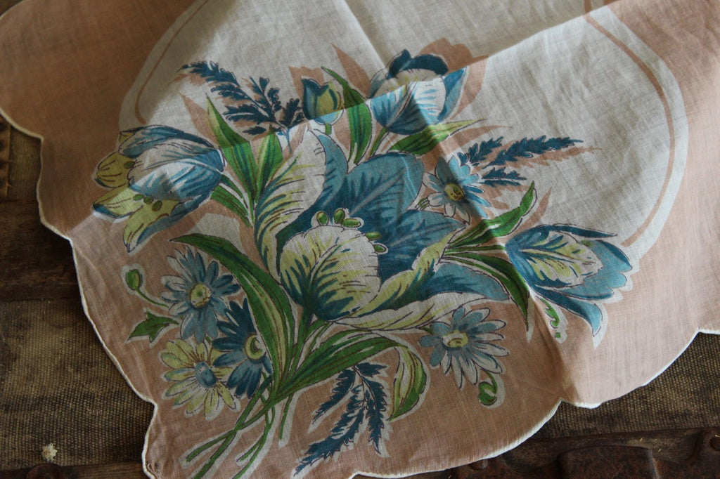 Vintage 1950s Blue Tulip Flower Print Cotton Hankie