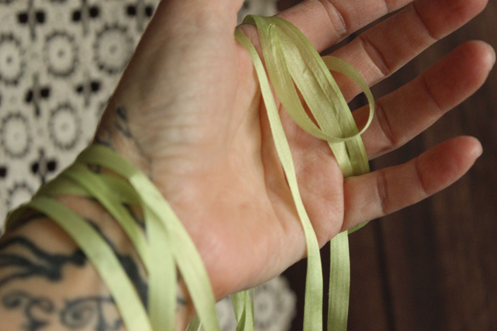 Silk Ribbon in Apple Green 7mm Narrow Trim, 1/4" Wide, three Yards