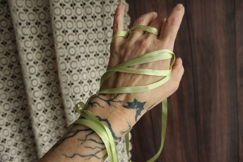 Silk Ribbon in Apple Green 7mm Narrow Trim, 1/4" Wide, three Yards