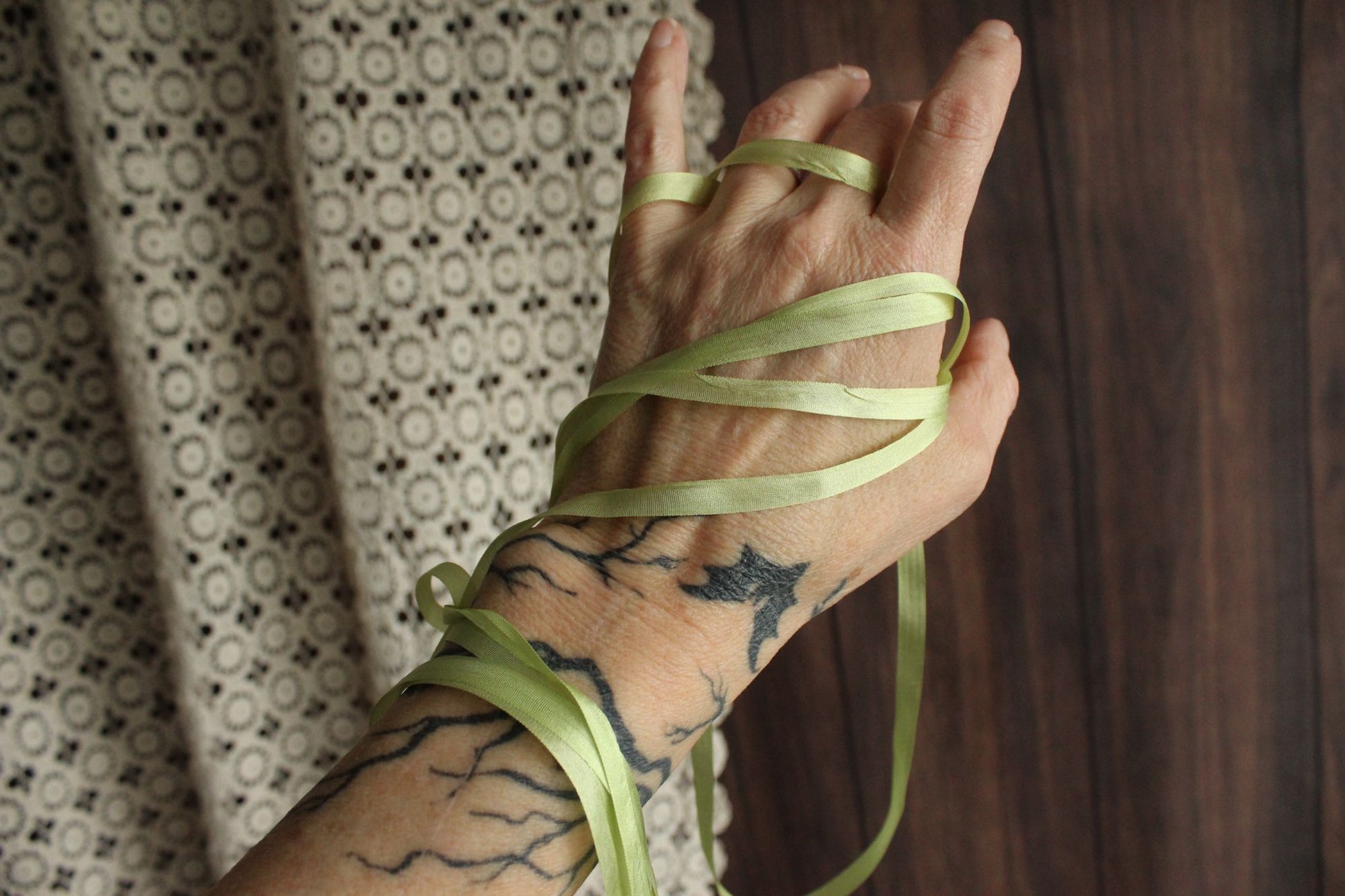 Silk Ribbon in Apple Green 7mm Narrow Trim, 1/4" Wide, three Yards