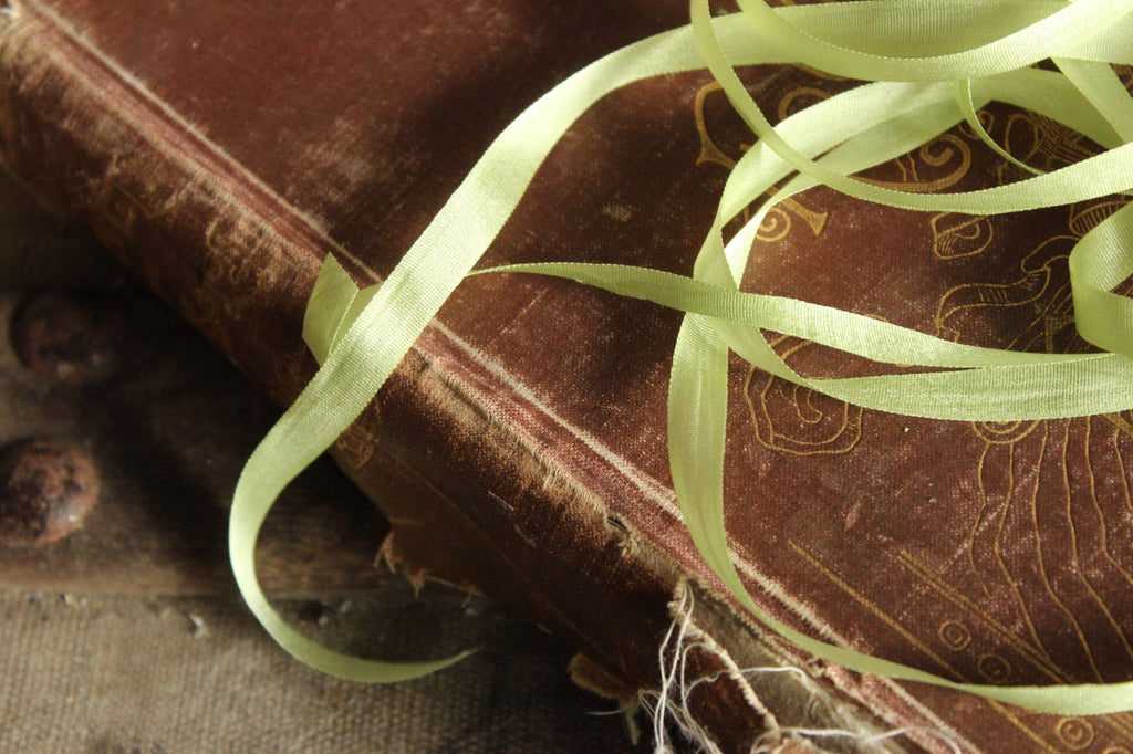 Silk Ribbon in Apple Green 7mm Narrow Trim, 1/4" Wide, three Yards