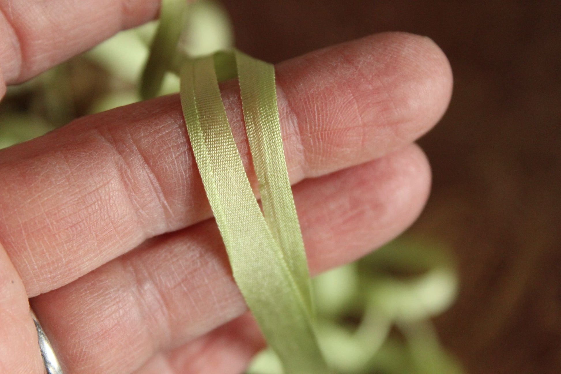 Silk Ribbon in Apple Green 7mm Narrow Trim, 1/4" Wide, three Yards