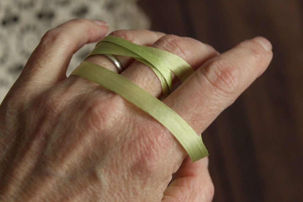 Silk Ribbon in Apple Green 7mm Narrow Trim, 1/4" Wide, three Yards