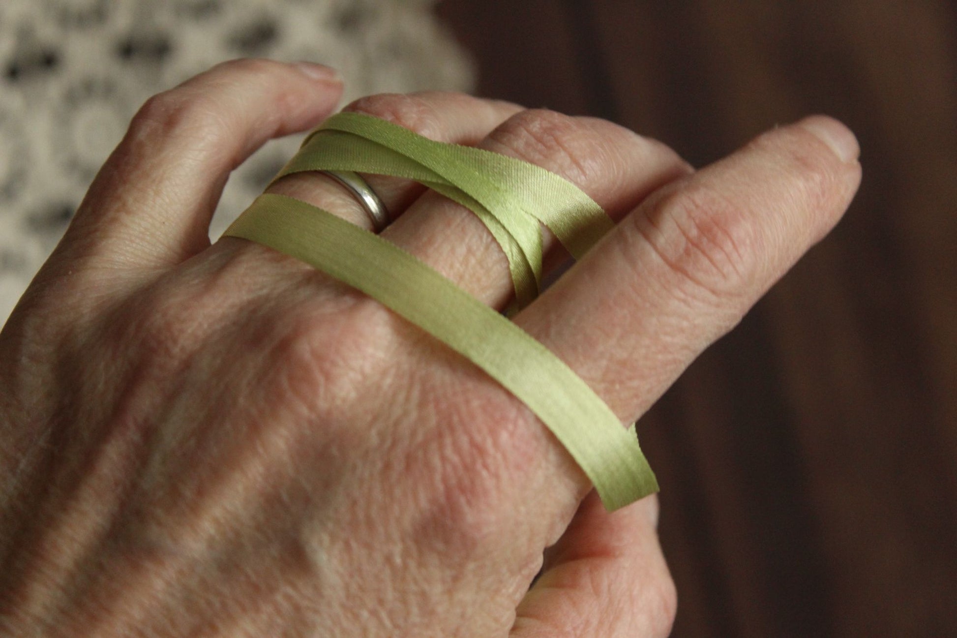Silk Ribbon in Apple Green 7mm Narrow Trim, 1/4" Wide, three Yards