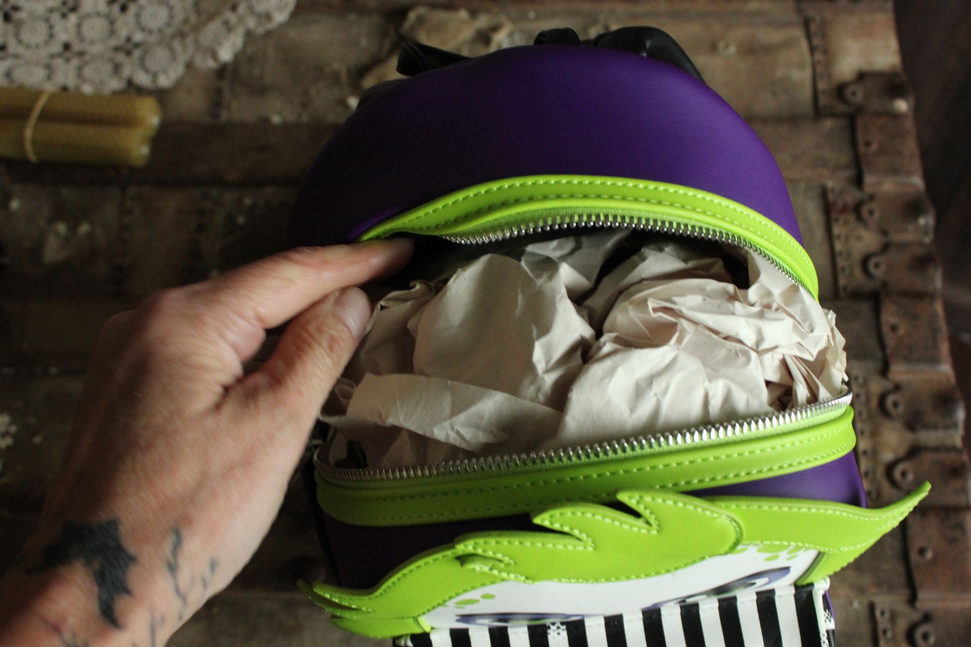 Loungefly Beetlejuice Backpack, New With Tags, Green and Purple, Pockets
