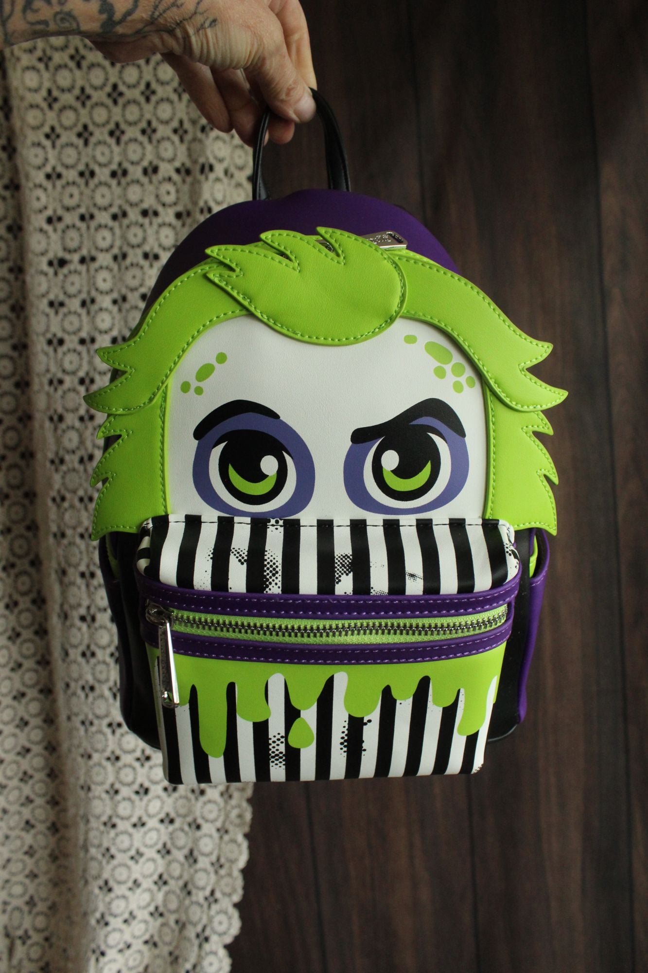 Loungefly Beetlejuice Backpack, New With Tags, Green and Purple, Pockets