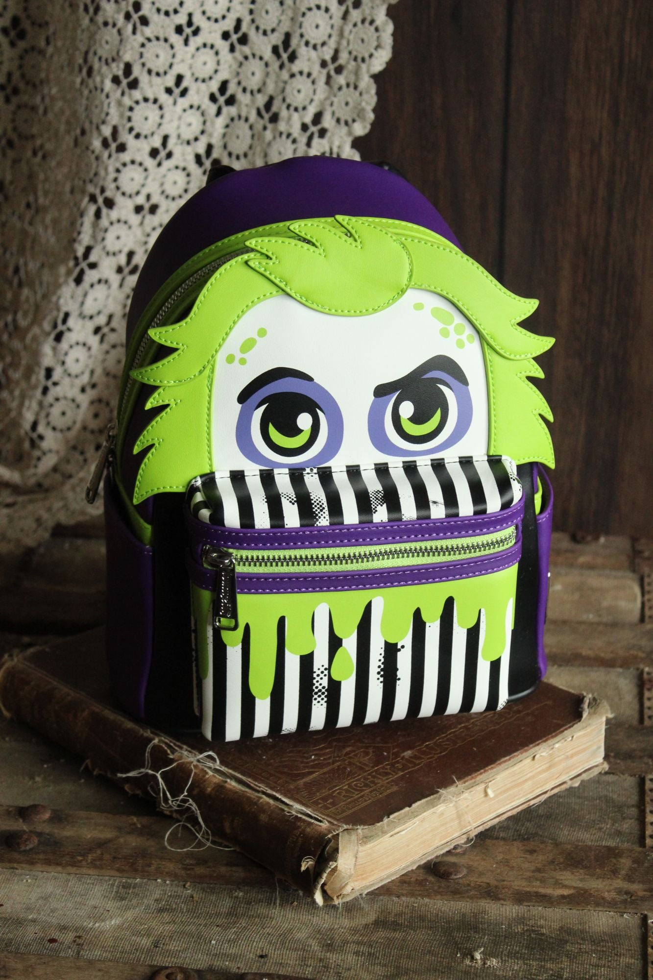 Loungefly Beetlejuice Backpack, New With Tags, Green and Purple, Pockets