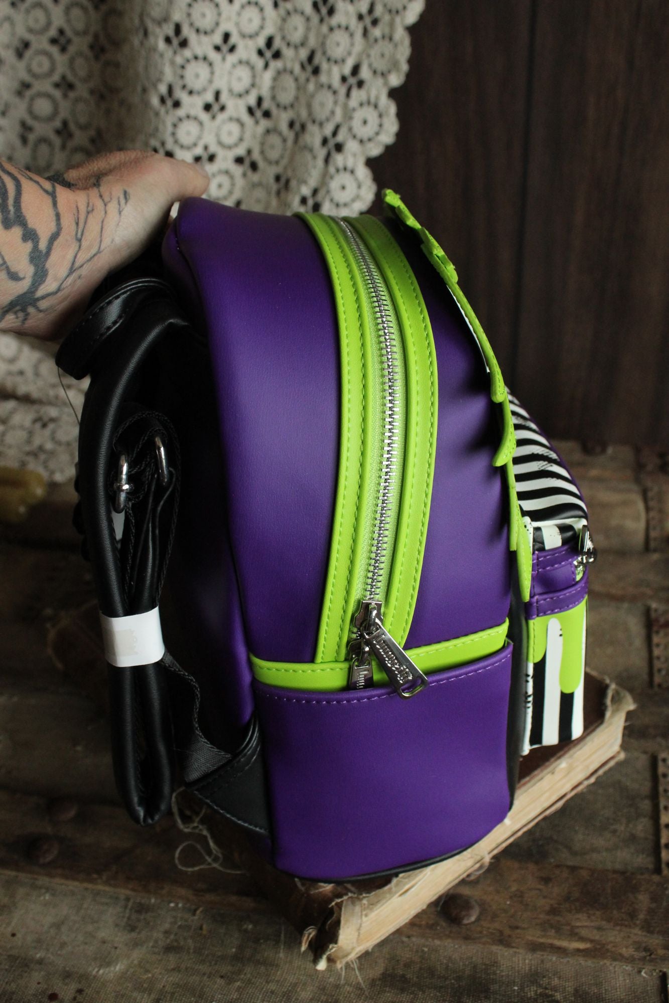 Loungefly Beetlejuice Backpack, New With Tags, Green and Purple, Pockets