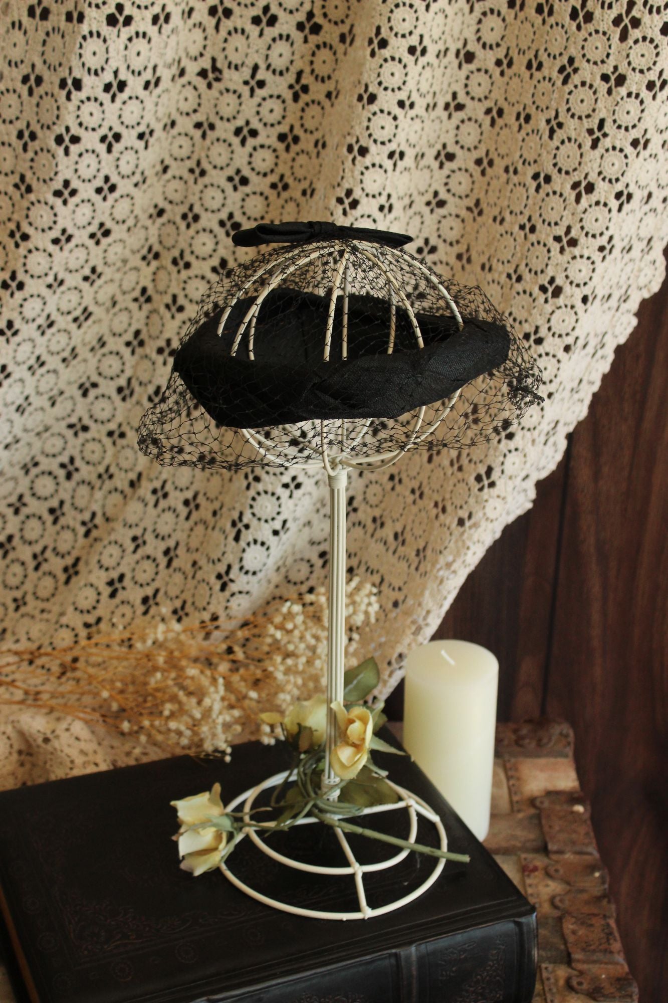 Vintage 1950s Black Silk Fascinator With Veil