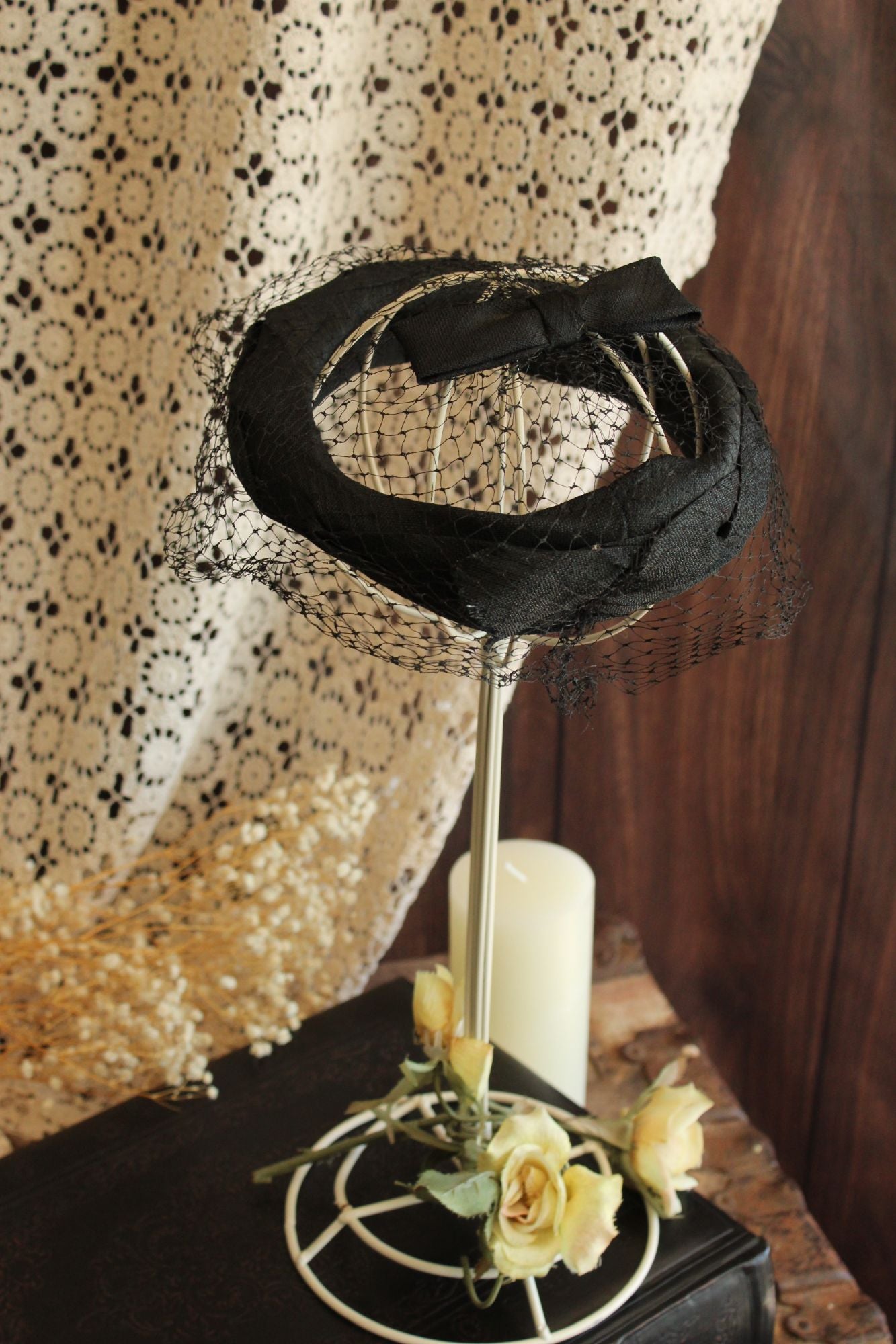 Vintage 1950s Black Silk Fascinator With Veil