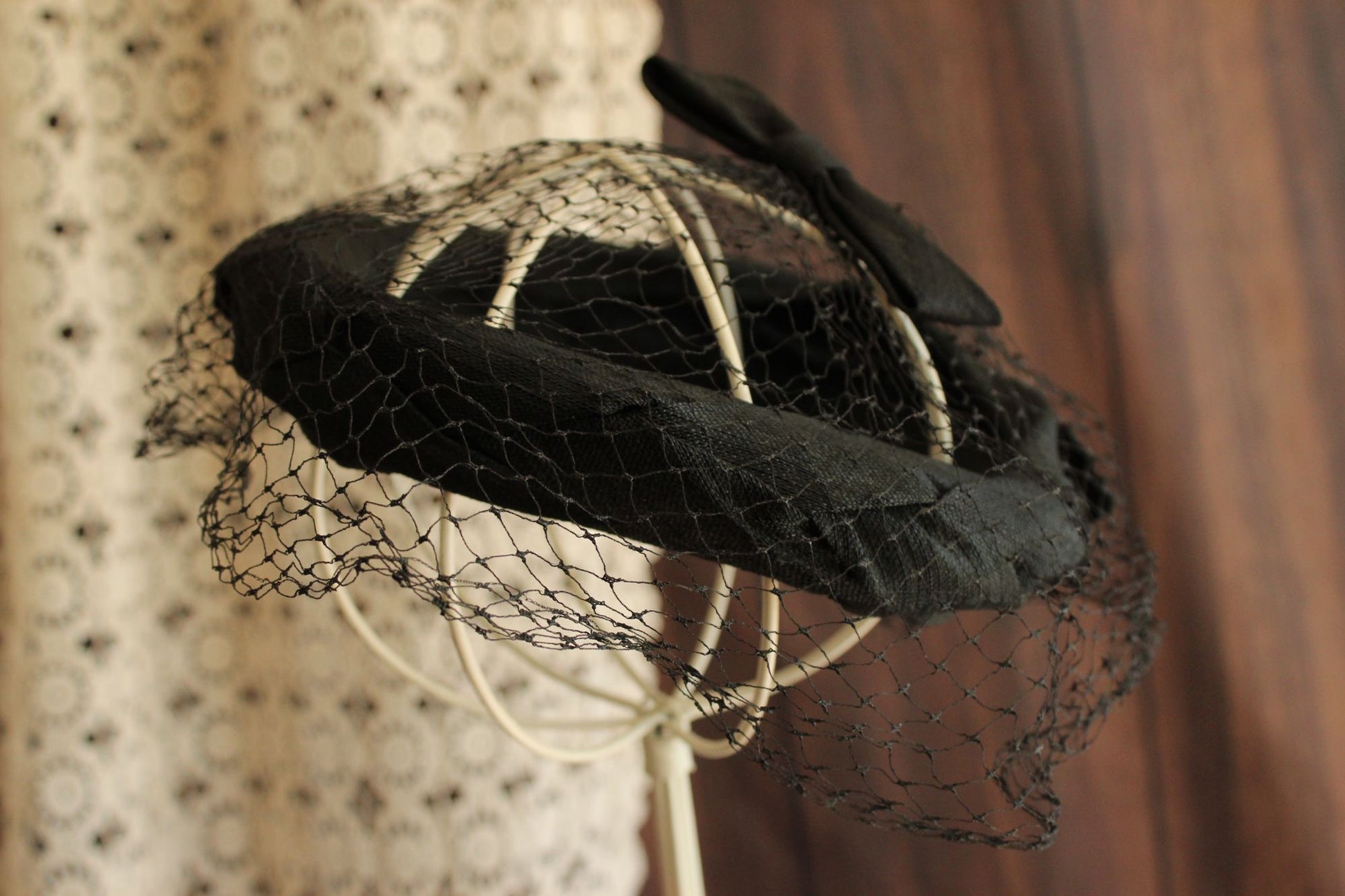 Vintage 1950s Black Silk Fascinator With Veil