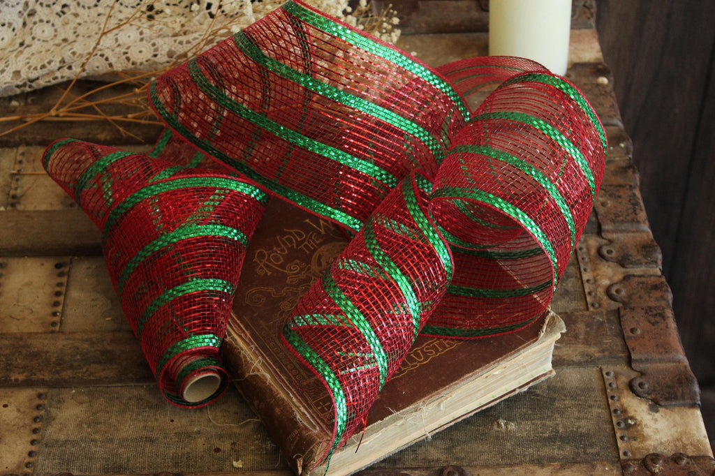 Holiday Deco Mesh Ribbon, Red and Green, 5.5" Wide 10 Yards