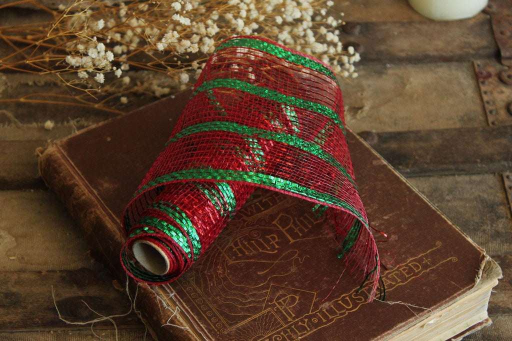 Holiday Deco Mesh Ribbon, Red and Green, 5.5" Wide 10 Yards