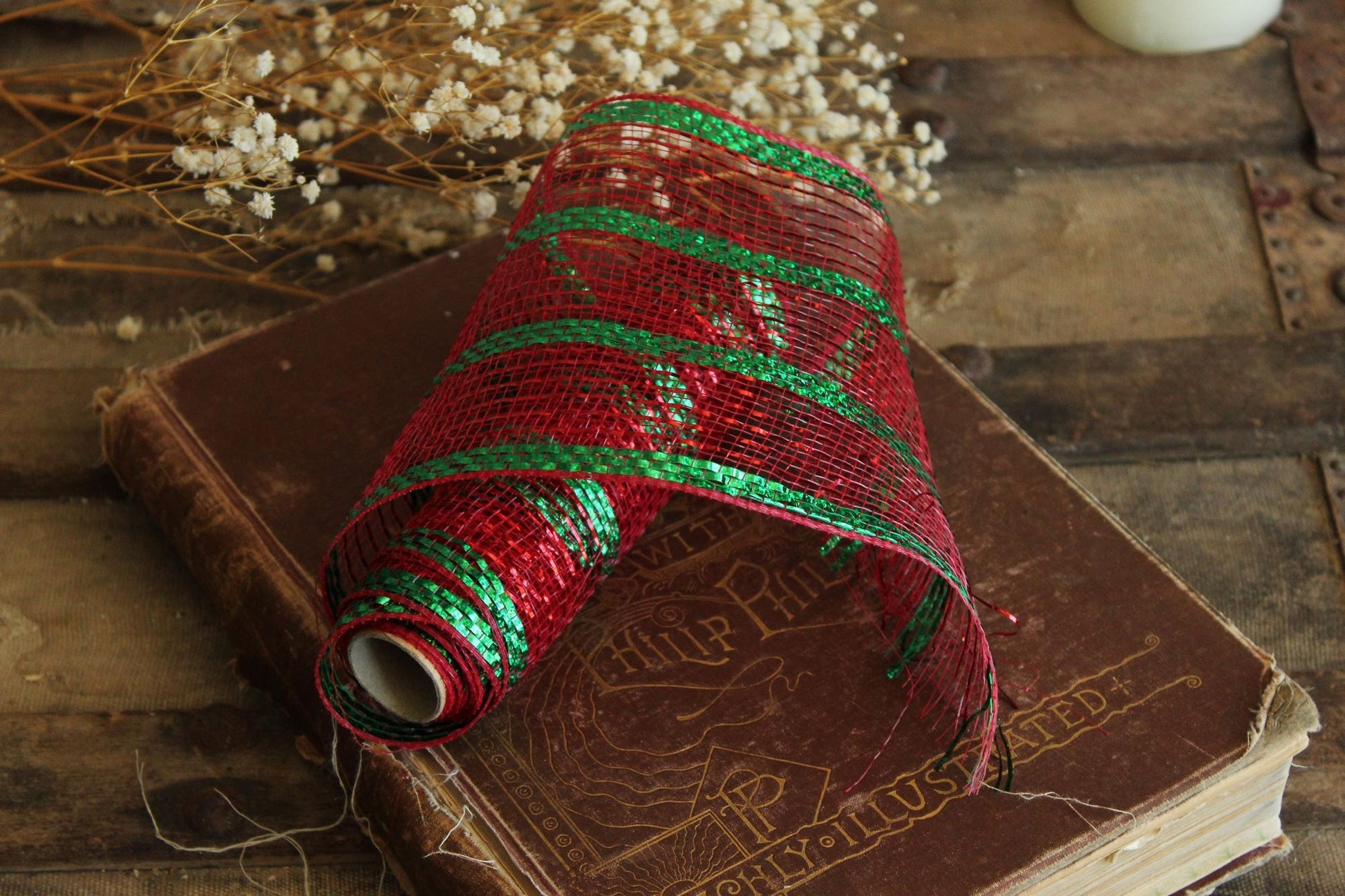 Holiday Deco Mesh Ribbon, Red and Green, 5.5" Wide 10 Yards