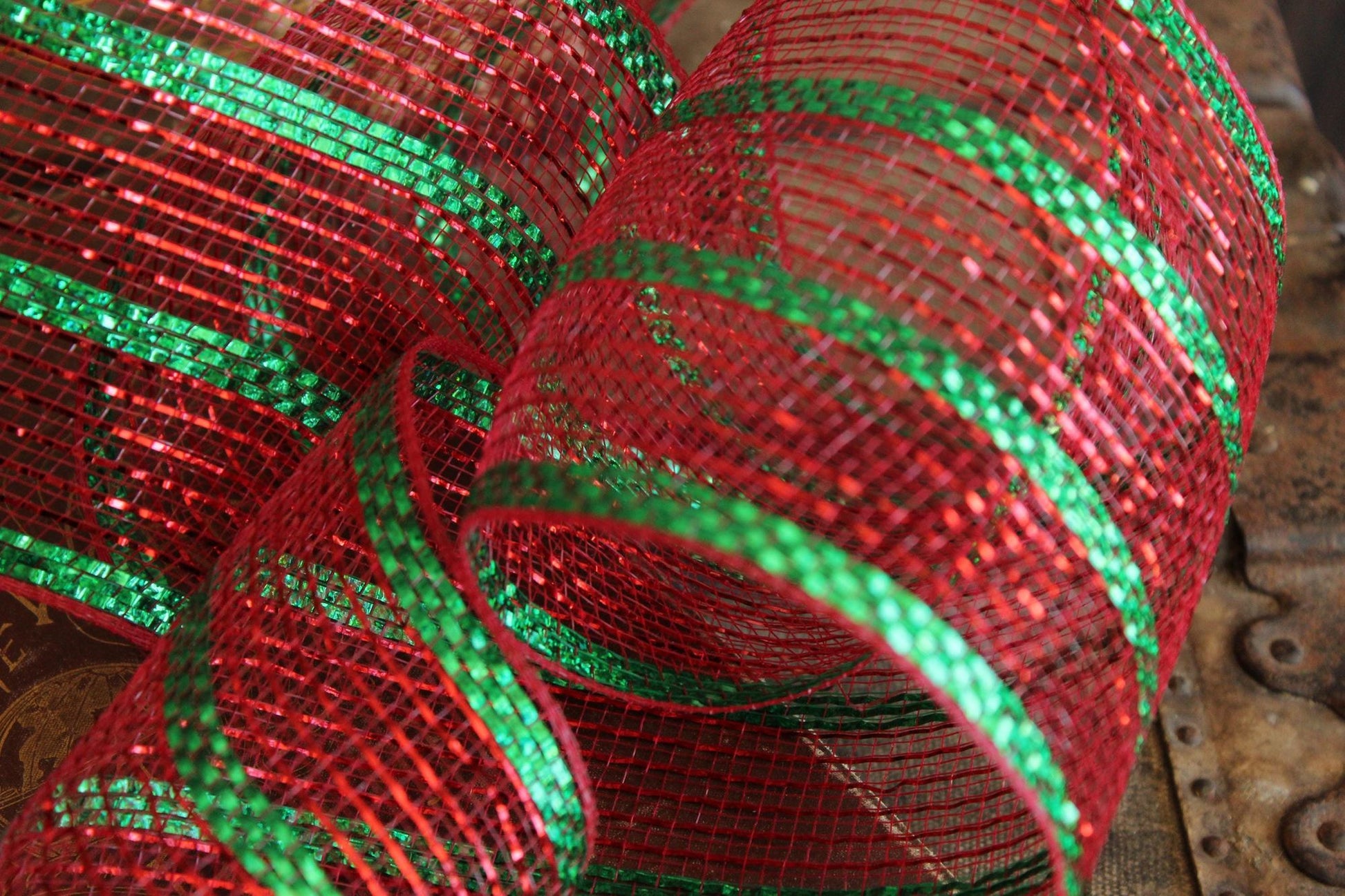 Holiday Deco Mesh Ribbon, Red and Green, 5.5" Wide 10 Yards