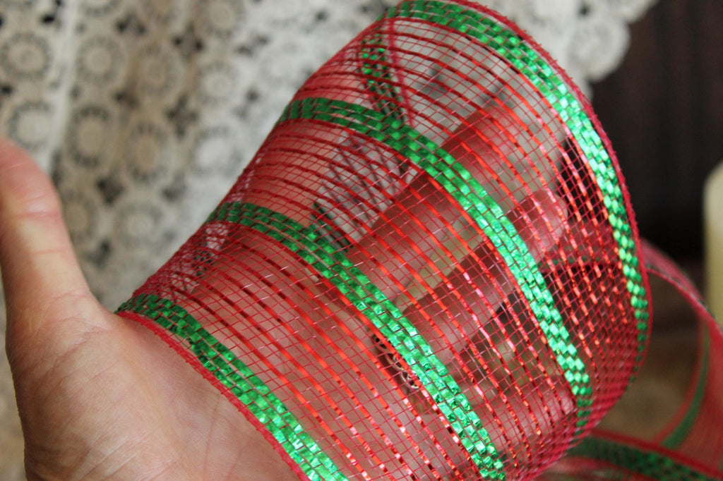 Holiday Deco Mesh Ribbon, Red and Green, 5.5" Wide 10 Yards