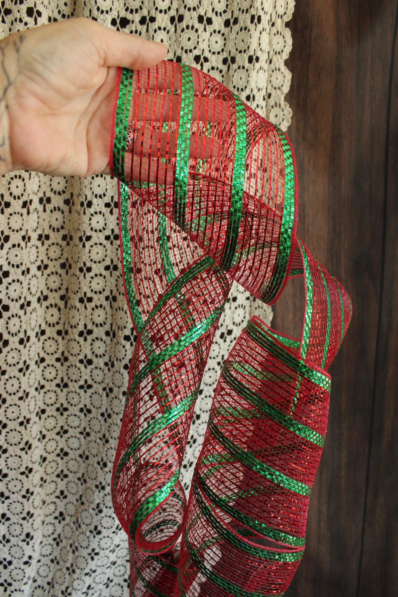 Holiday Deco Mesh Ribbon, Red and Green, 5.5" Wide 10 Yards