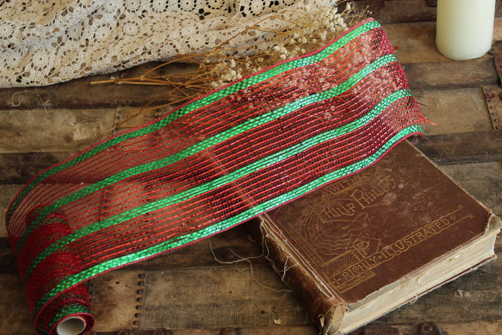 Holiday Deco Mesh Ribbon, Red and Green, 5.5" Wide 10 Yards