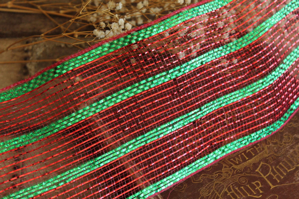 Holiday Deco Mesh Ribbon, Red and Green, 5.5" Wide 10 Yards