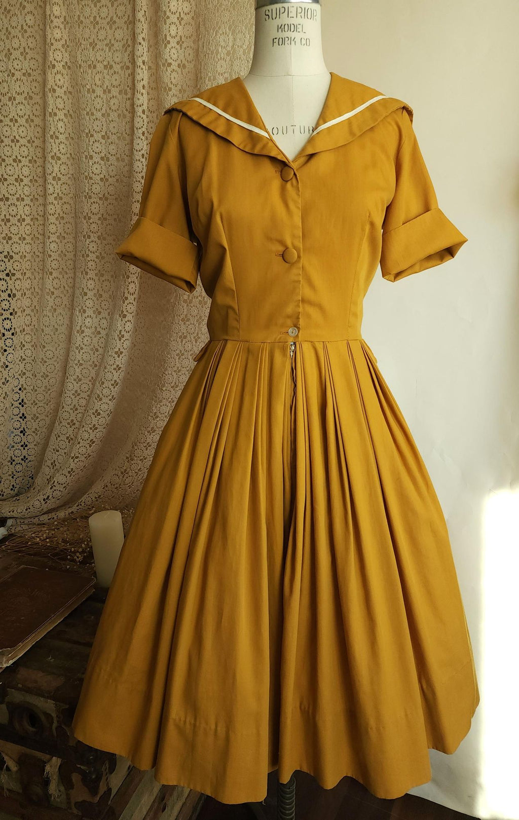 Vintage 1970s Does 1950s Mustard Yellow Sailor Collar Shirtwaist Dress