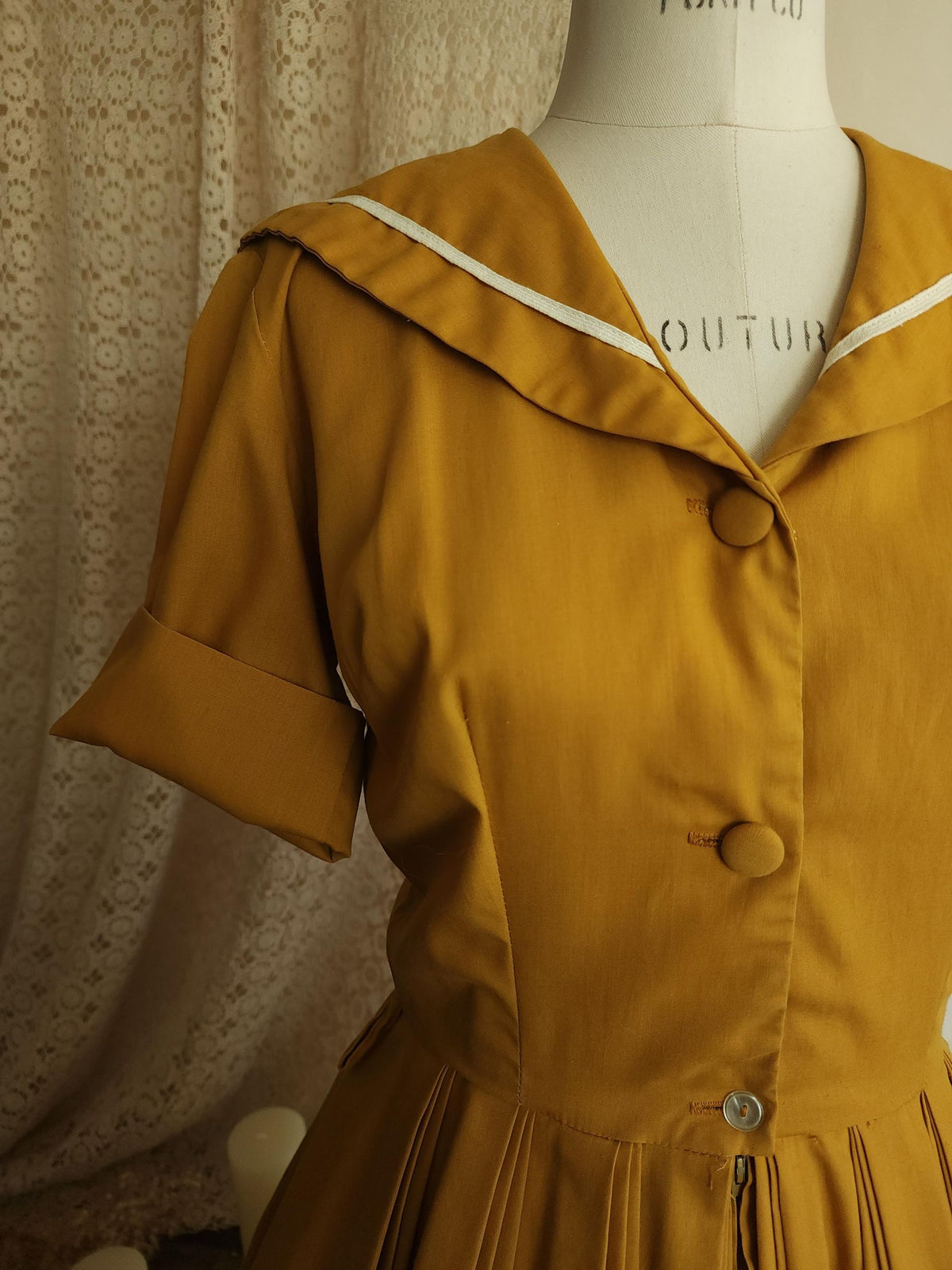 Vintage 1970s Does 1950s Mustard Yellow Sailor Collar Shirtwaist Dress