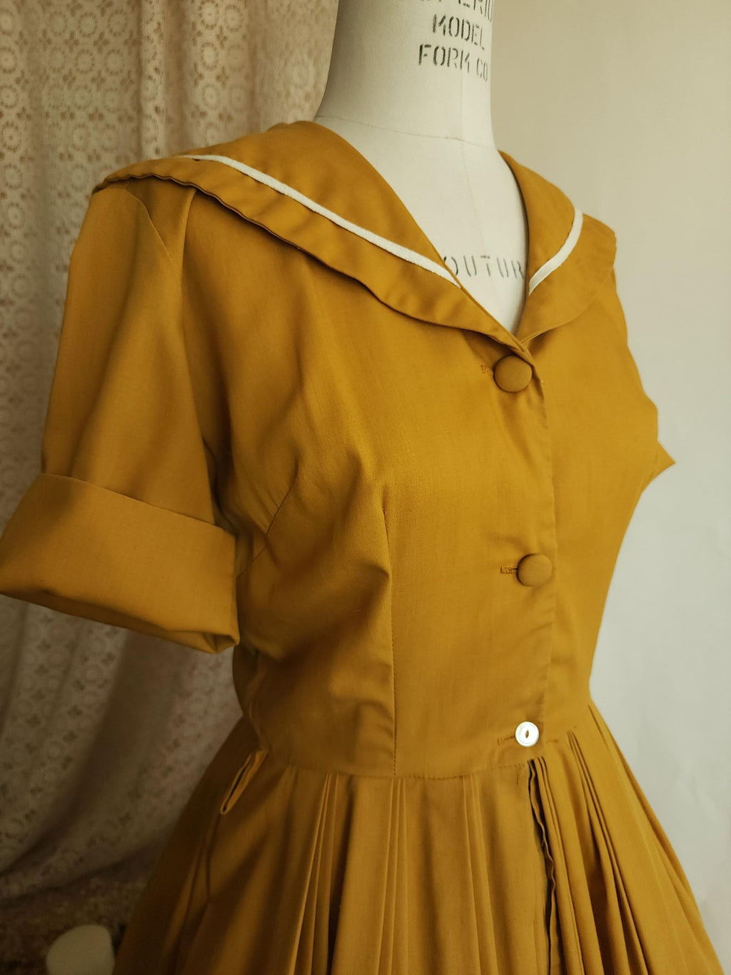 Vintage 1970s Does 1950s Mustard Yellow Sailor Collar Shirtwaist Dress