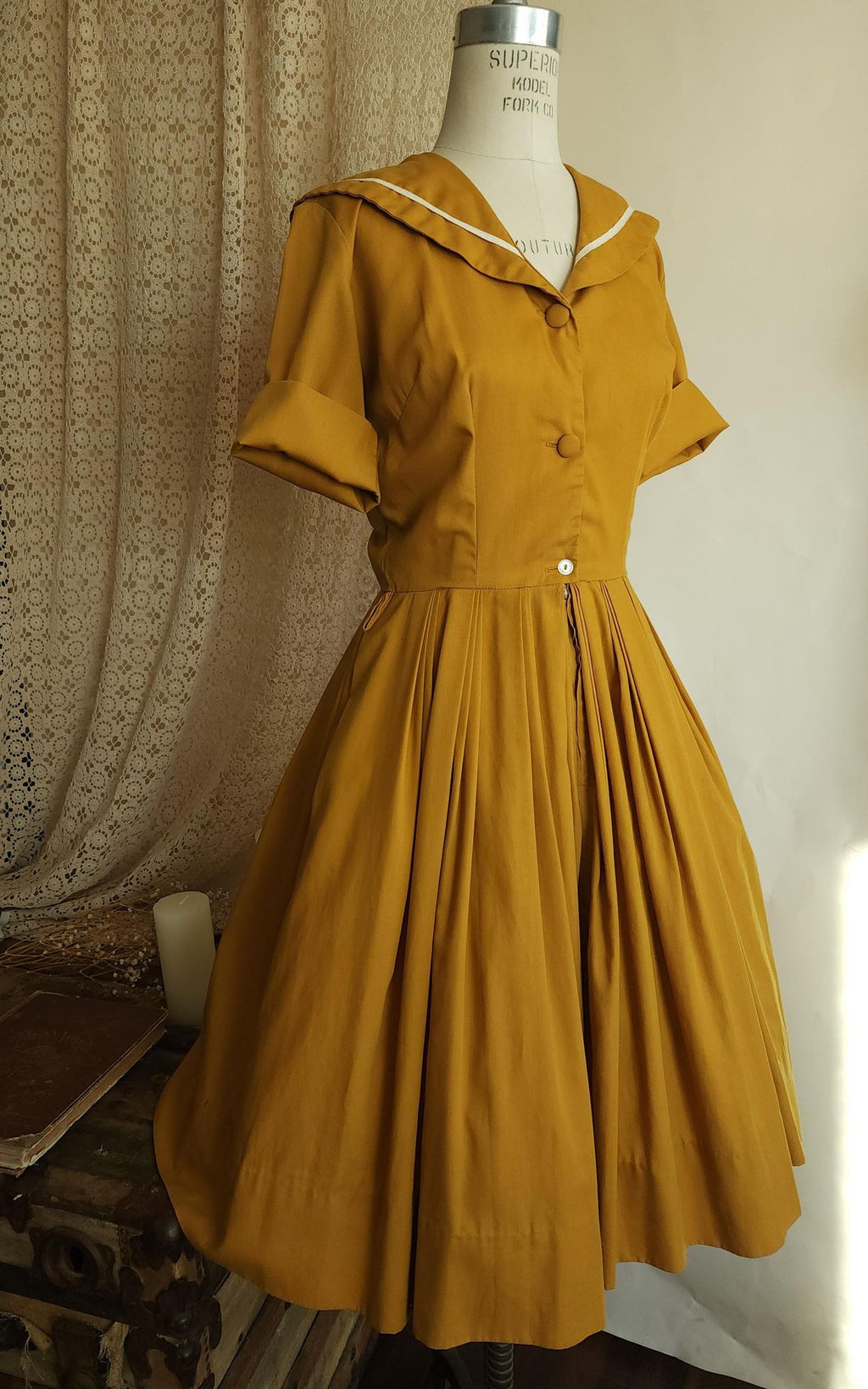 Vintage 1970s Does 1950s Mustard Yellow Sailor Collar Shirtwaist Dress