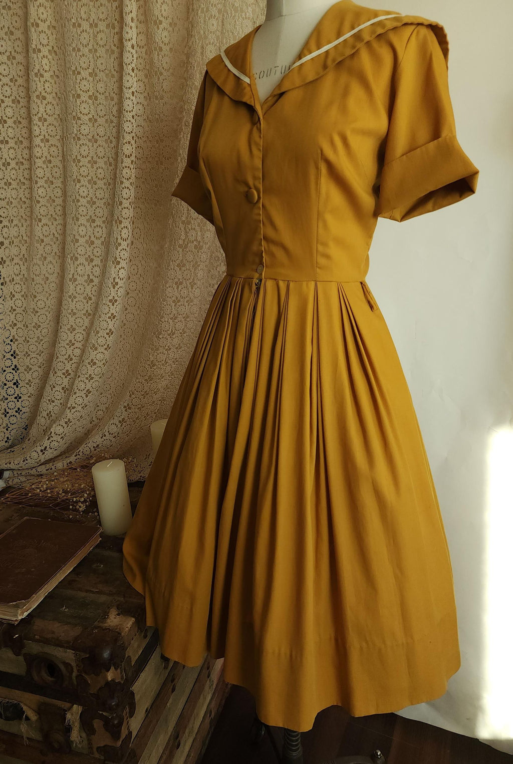 Vintage 1970s Does 1950s Mustard Yellow Sailor Collar Shirtwaist Dress