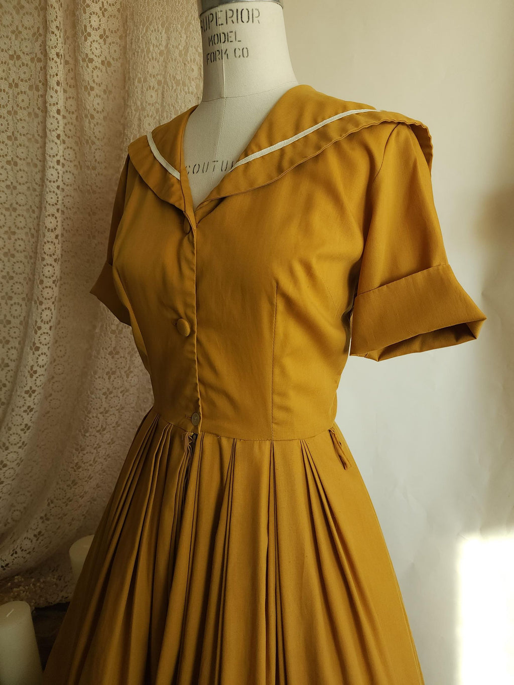 Vintage 1970s Does 1950s Mustard Yellow Sailor Collar Shirtwaist Dress