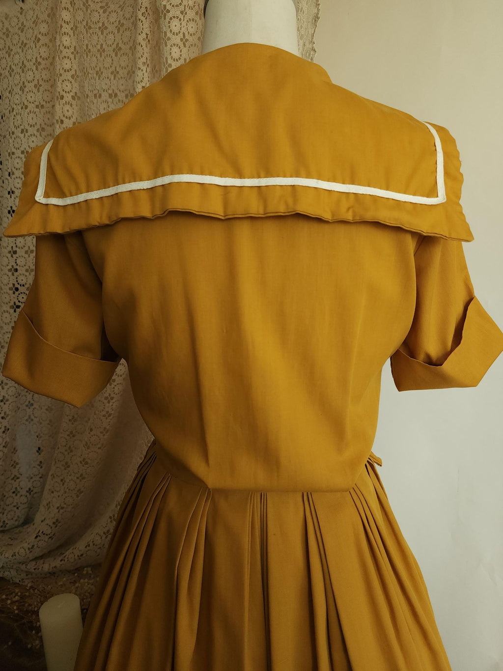 Vintage 1970s Does 1950s Mustard Yellow Sailor Collar Shirtwaist Dress