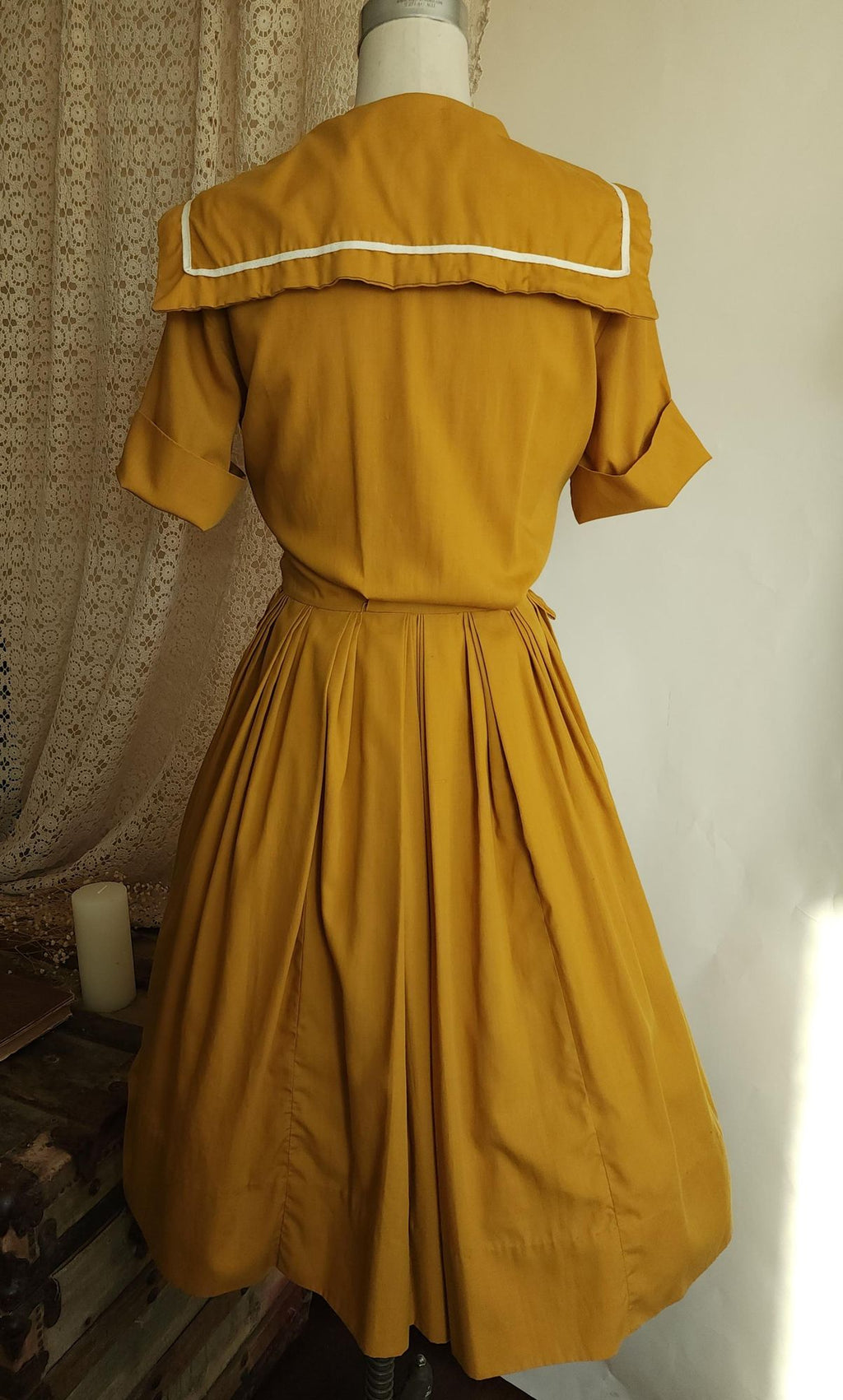 Vintage 1970s Does 1950s Mustard Yellow Sailor Collar Shirtwaist Dress