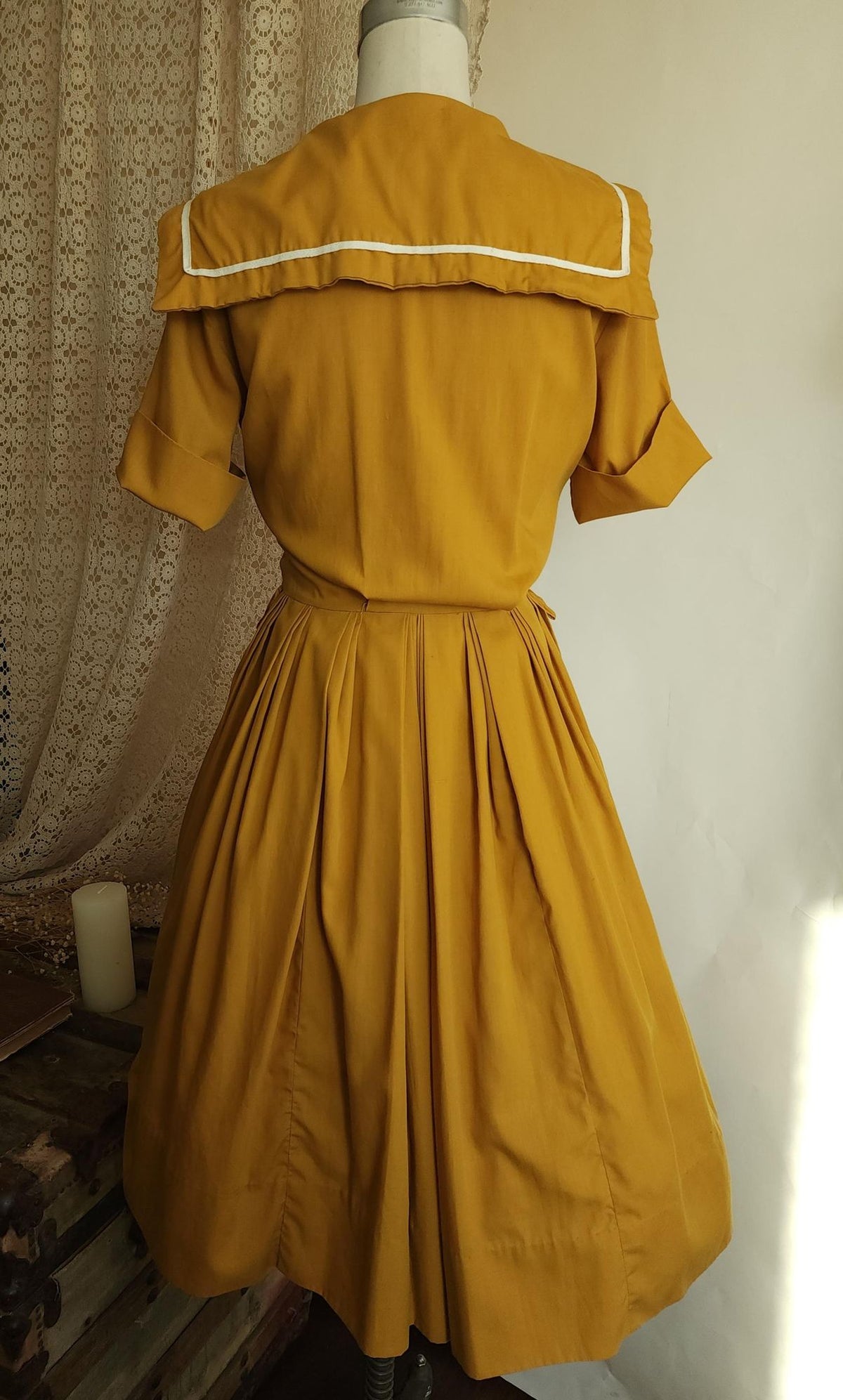 Vintage 1970s Does 1950s Mustard Yellow Sailor Collar Shirtwaist Dress