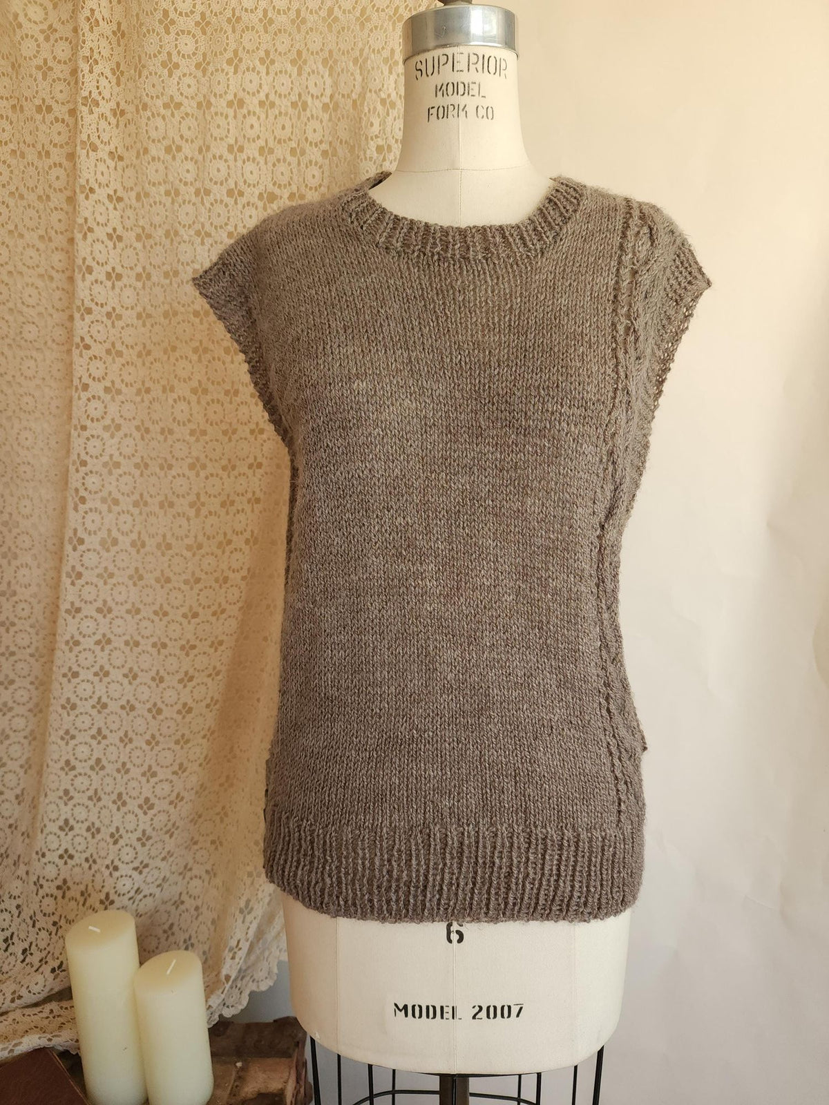 Vintage 1970s Taupe Cable Knit Side Button Tabard Sweater Vest