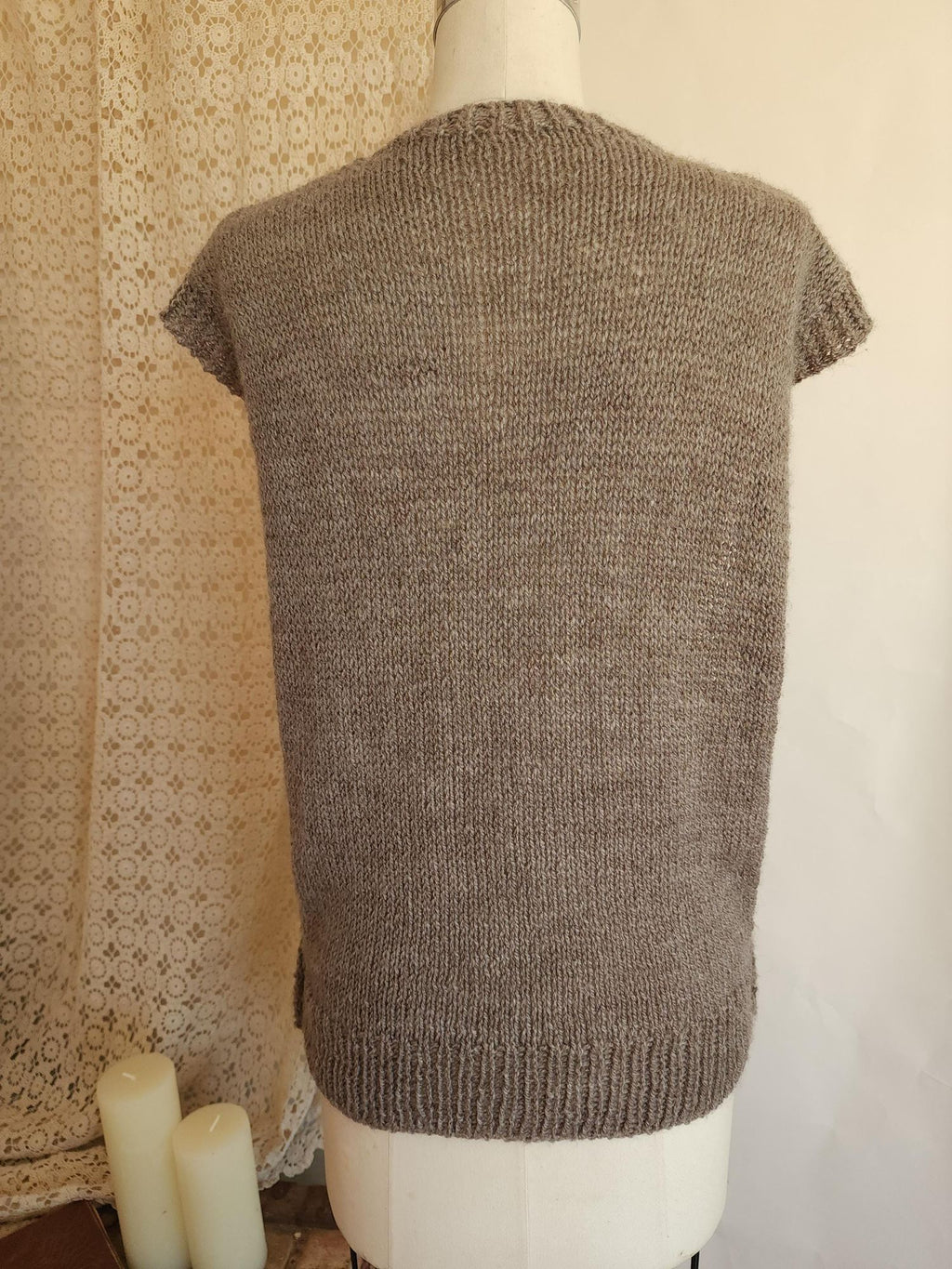 Vintage 1970s Taupe Cable Knit Side Button Tabard Sweater Vest