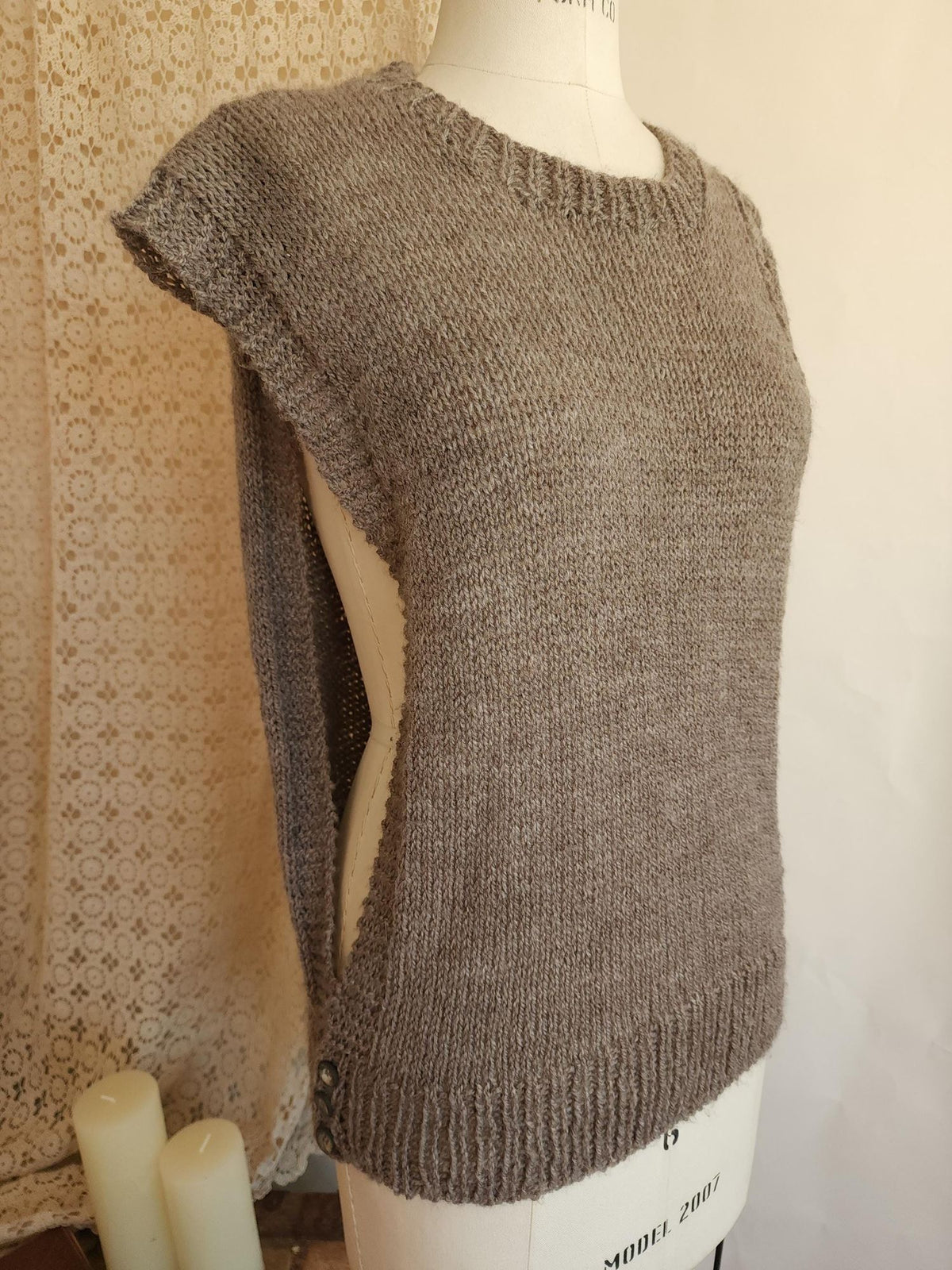 Vintage 1970s Taupe Cable Knit Side Button Tabard Sweater Vest
