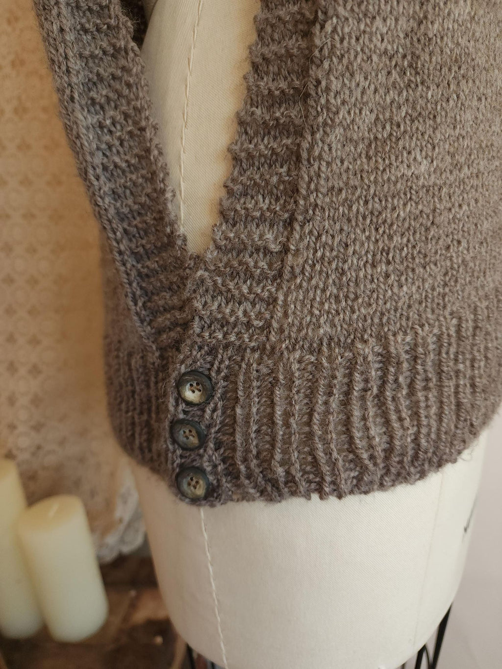 Vintage 1970s Taupe Cable Knit Side Button Tabard Sweater Vest