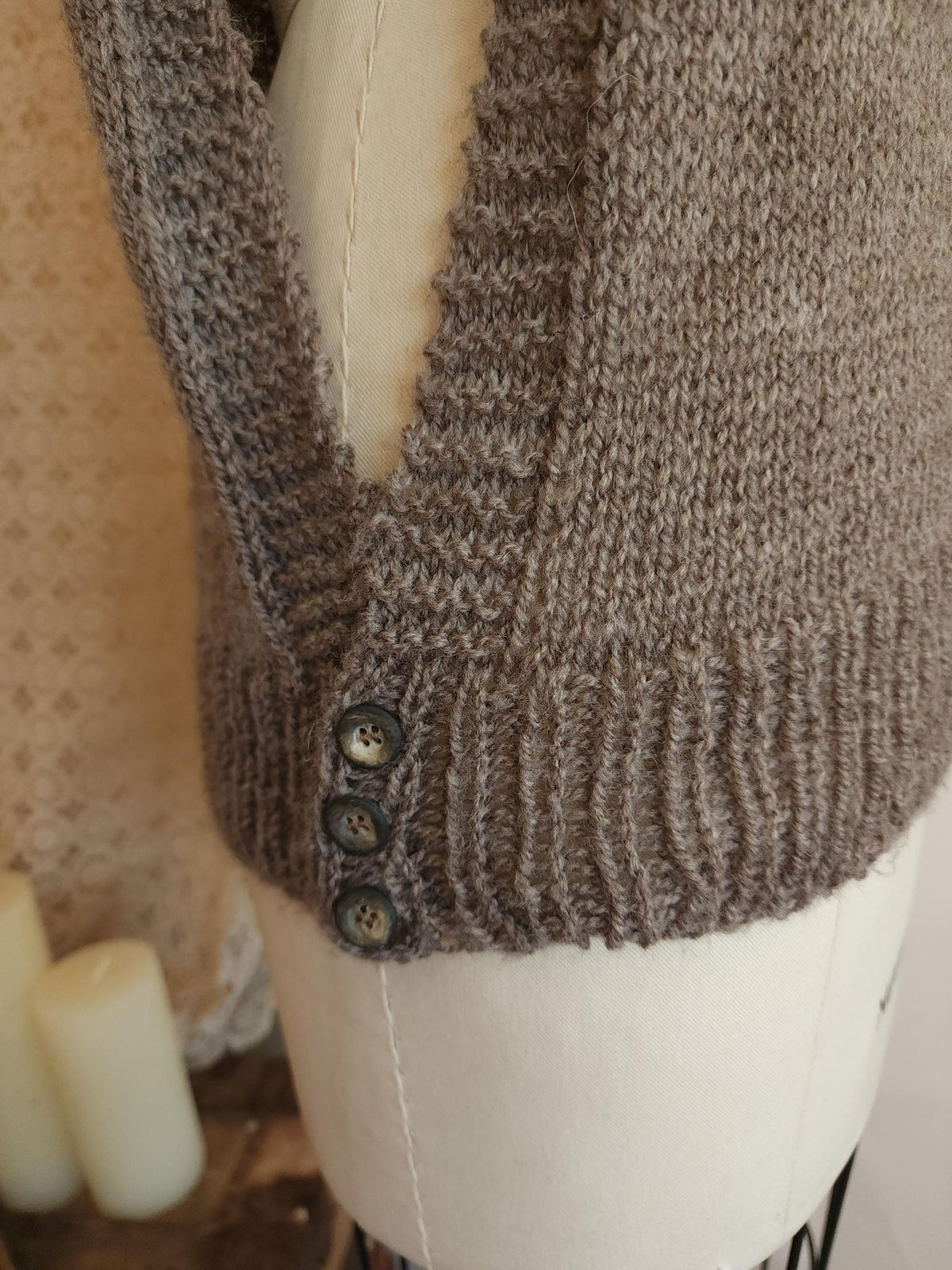 Vintage 1970s Taupe Cable Knit Side Button Tabard Sweater Vest