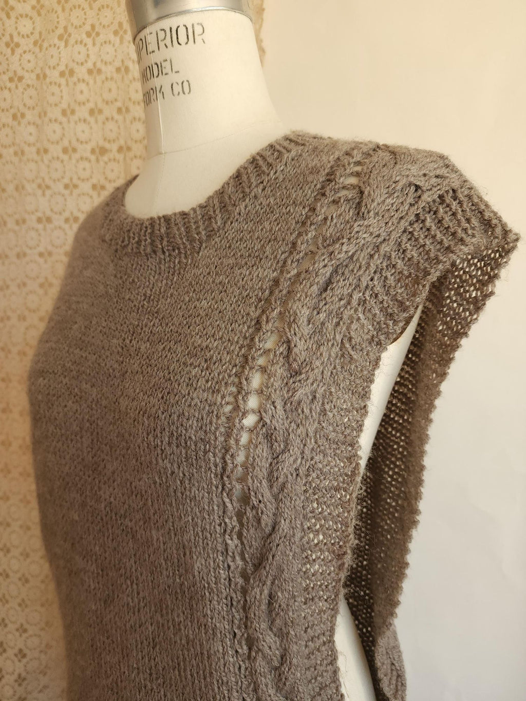 Vintage 1970s Taupe Cable Knit Side Button Tabard Sweater Vest