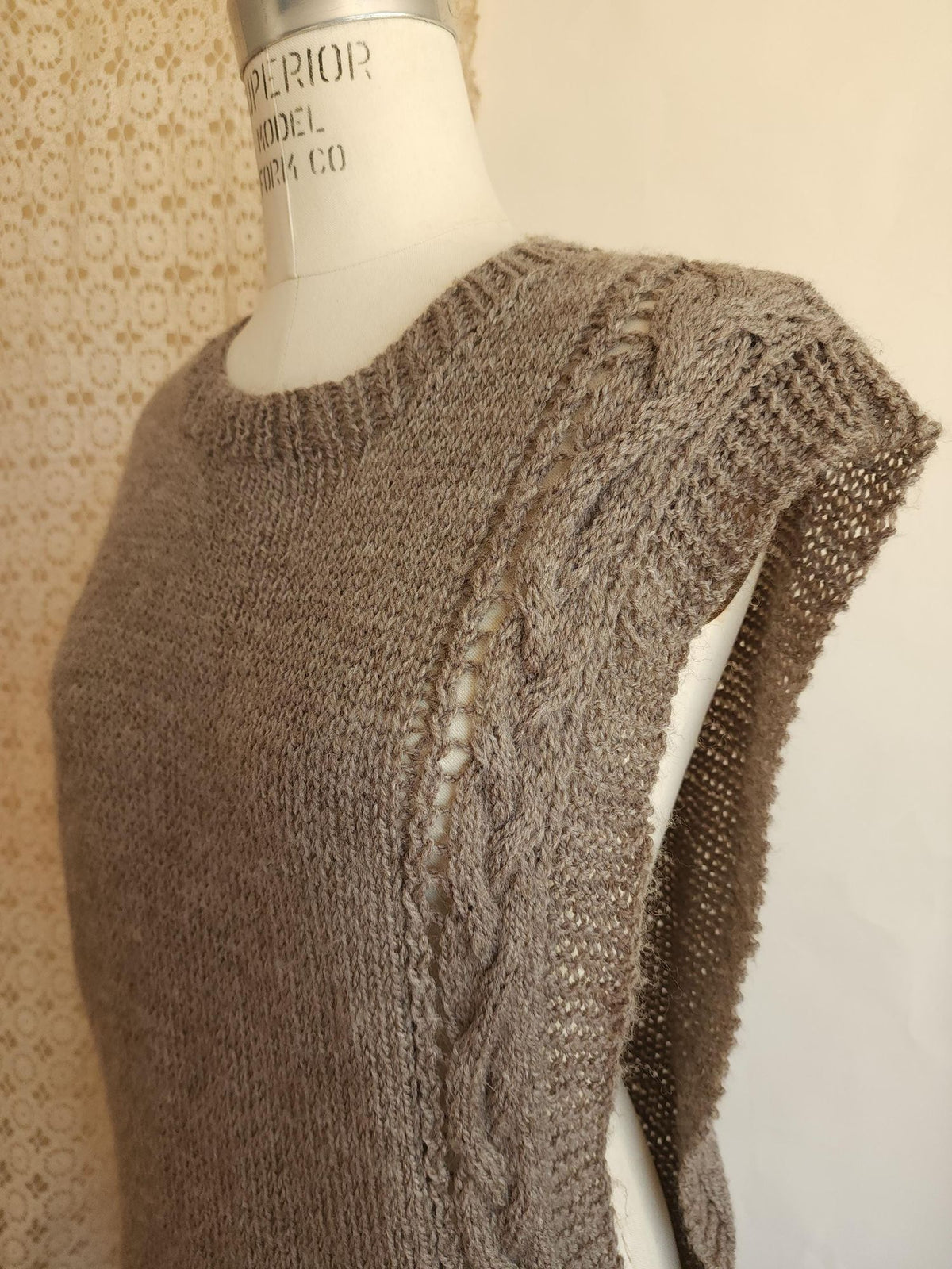 Vintage 1970s Taupe Cable Knit Side Button Tabard Sweater Vest