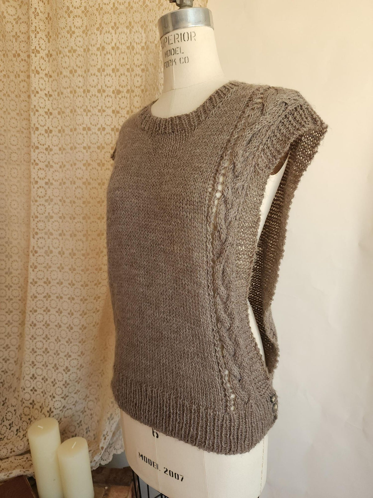 Vintage 1970s Taupe Cable Knit Side Button Tabard Sweater Vest