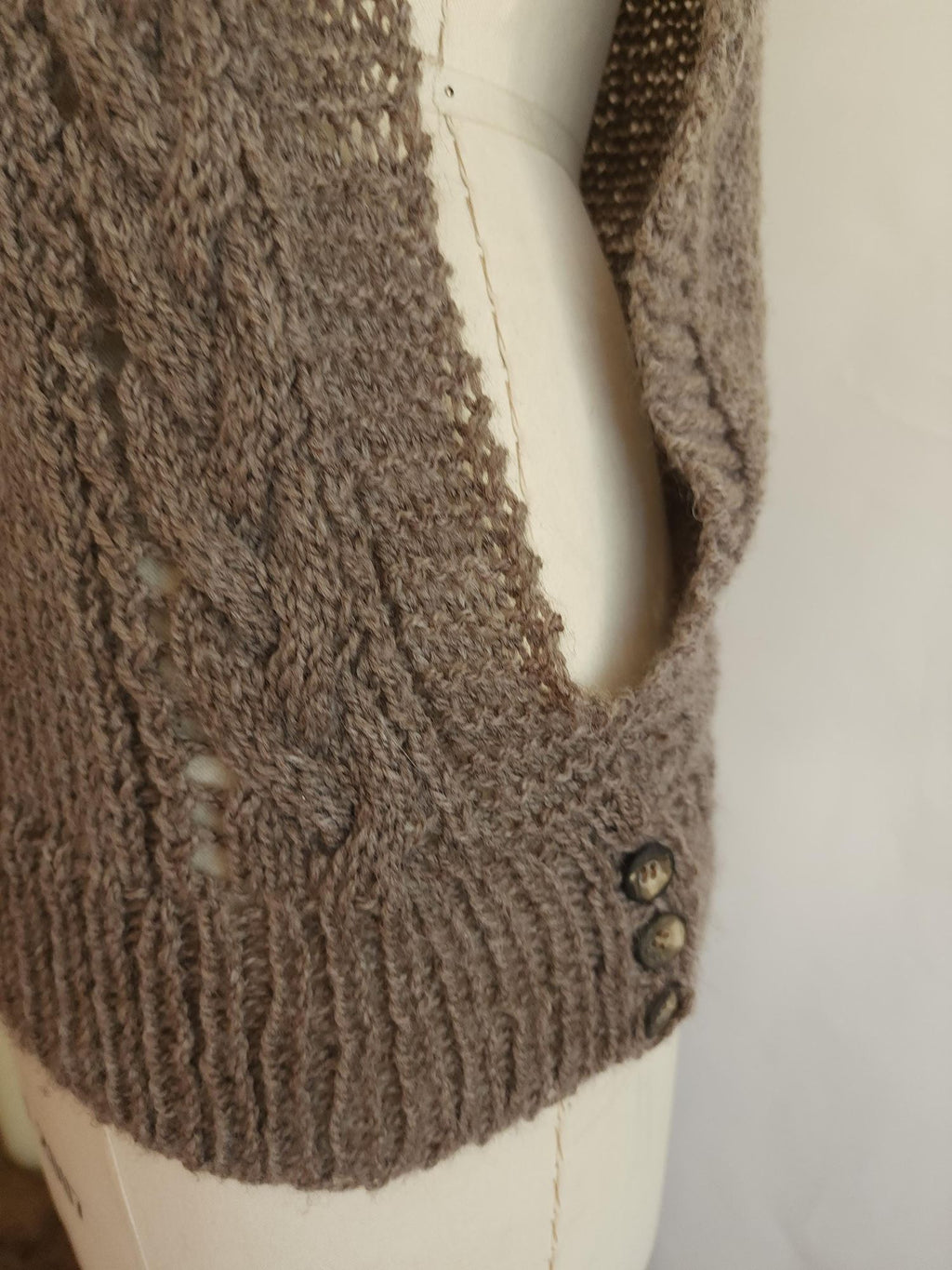Vintage 1970s Taupe Cable Knit Side Button Tabard Sweater Vest
