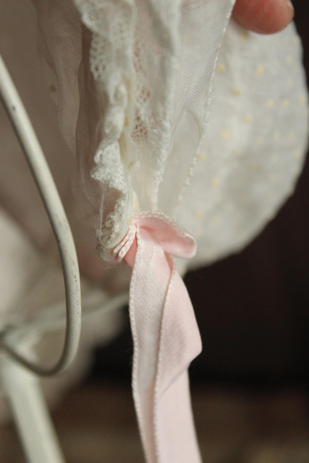 Vintage 1950s 1960s Baby Bonnet with Lace Trim and Swiss Dots