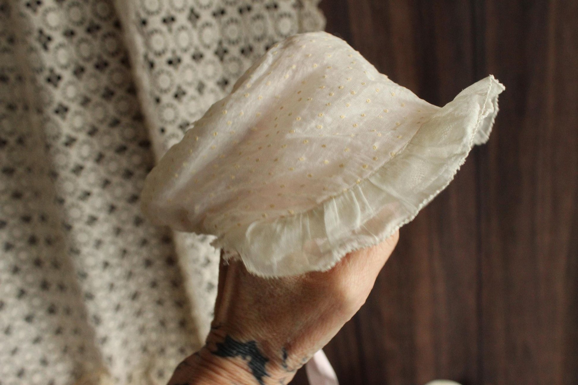 Vintage 1950s 1960s Baby Bonnet with Lace Trim and Swiss Dots