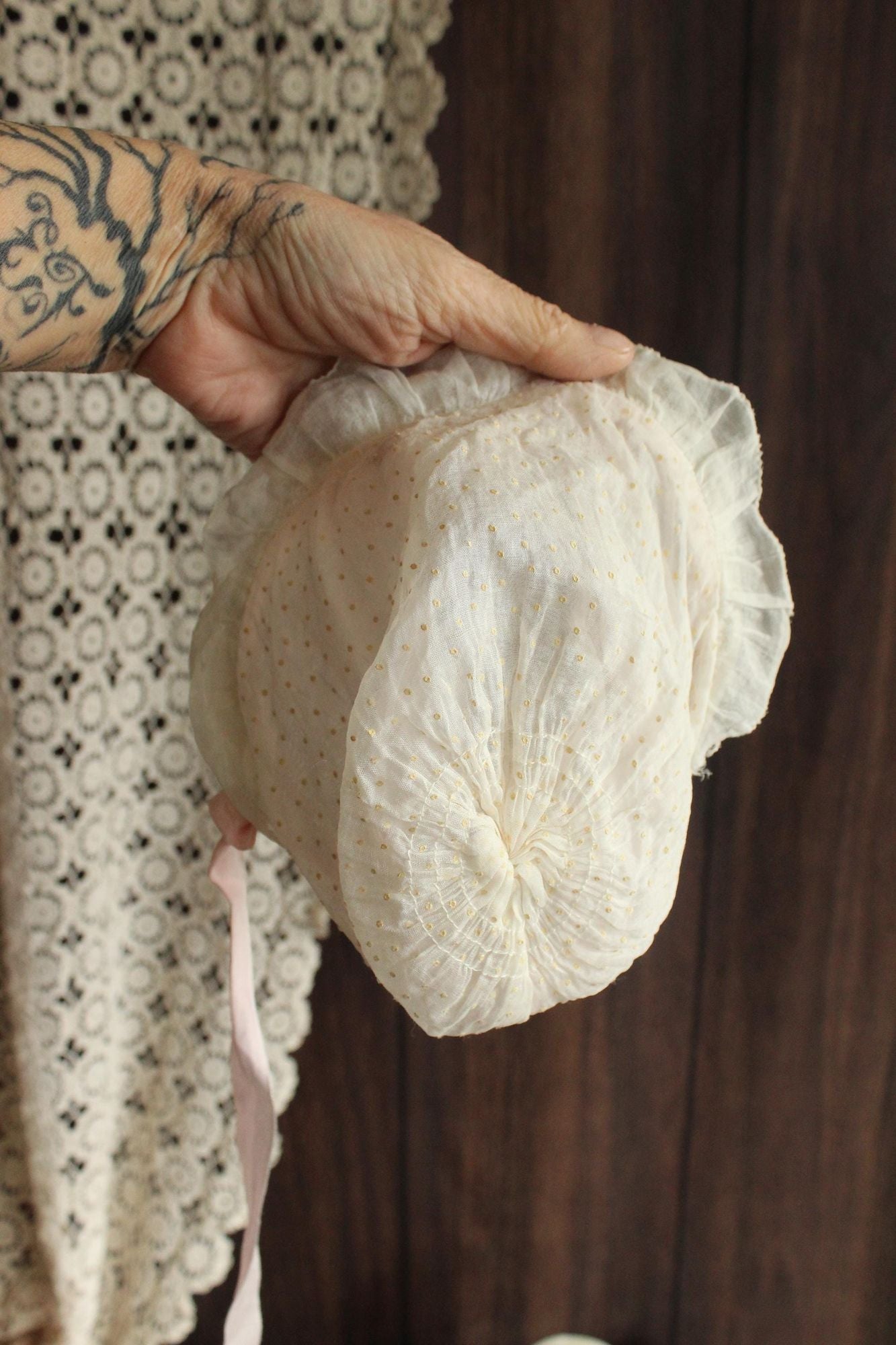 Vintage 1950s 1960s Baby Bonnet with Lace Trim and Swiss Dots