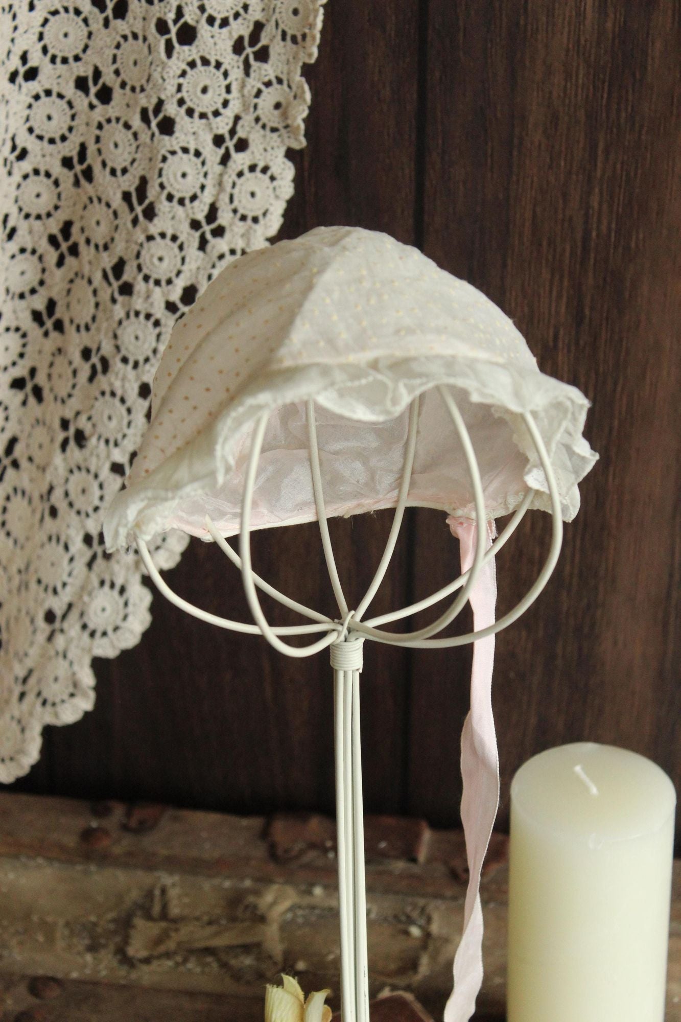 Vintage 1950s 1960s Baby Bonnet with Lace Trim and Swiss Dots