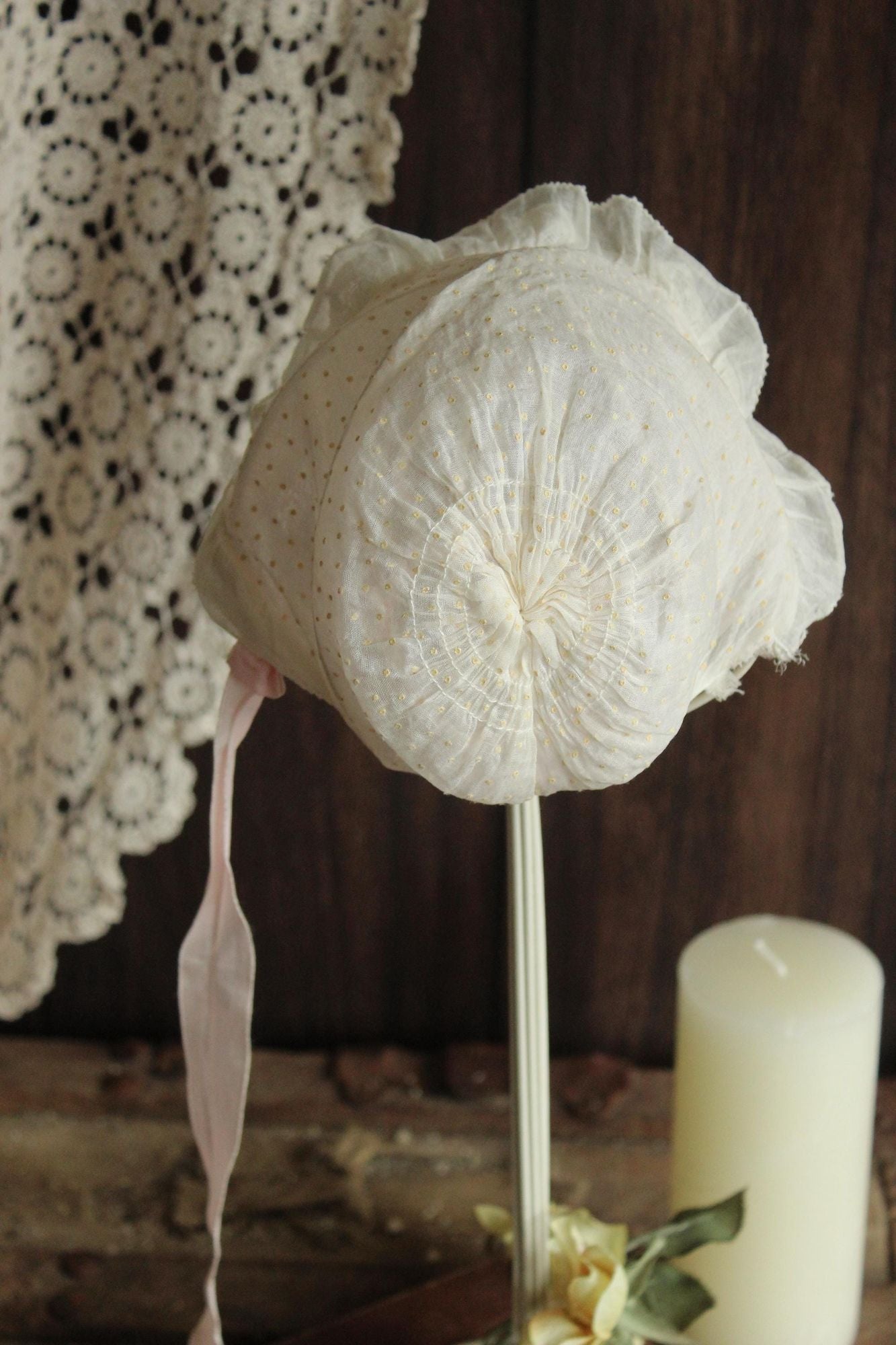 Vintage 1950s 1960s Baby Bonnet with Lace Trim and Swiss Dots