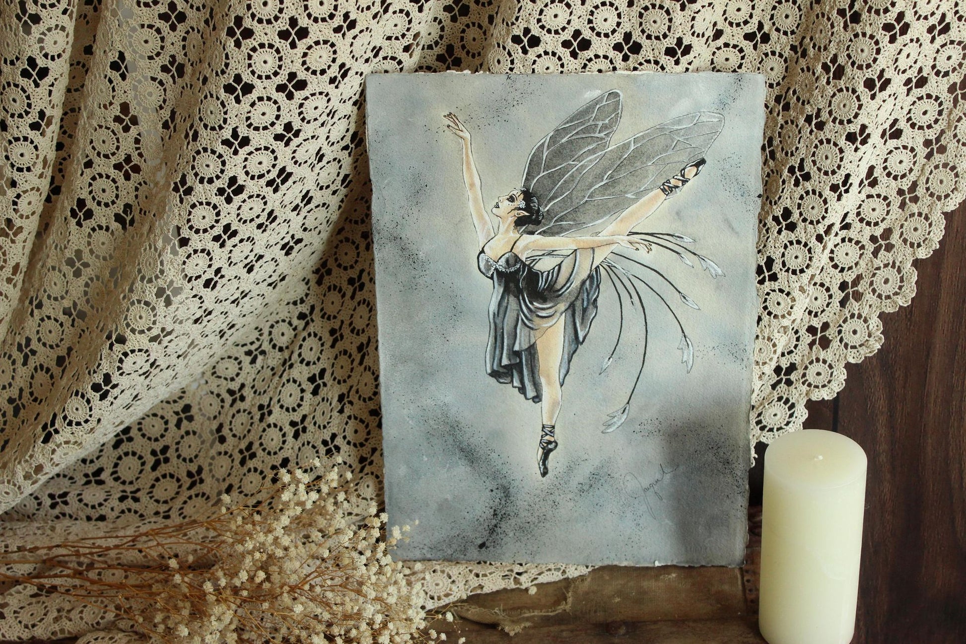 Original 15"x12" Acrylic Artwork Painting, Black Ballet Fairy Fantasy Art, "Ballerina"