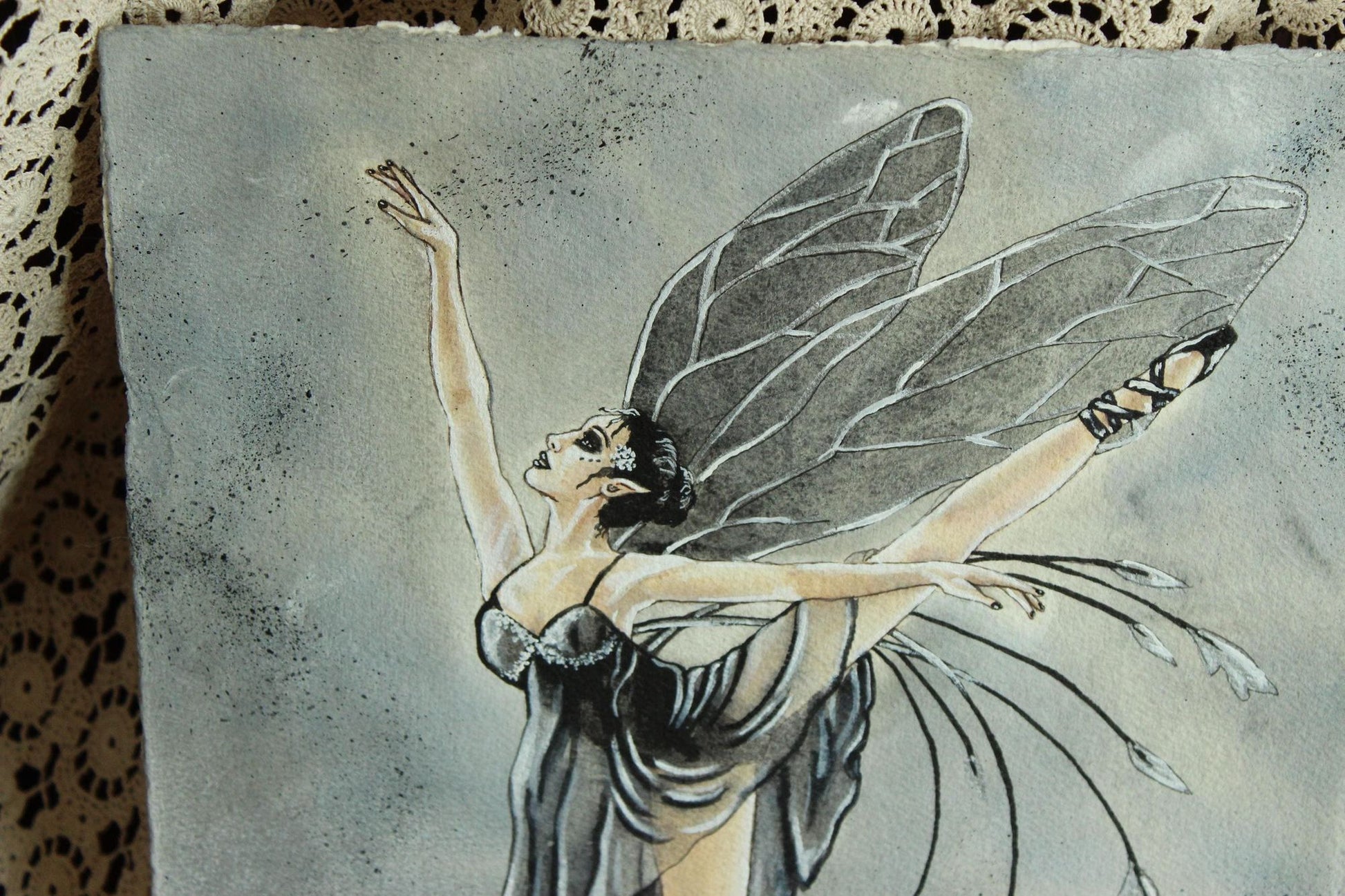 Original 15"x12" Acrylic Artwork Painting, Black Ballet Fairy Fantasy Art, "Ballerina"